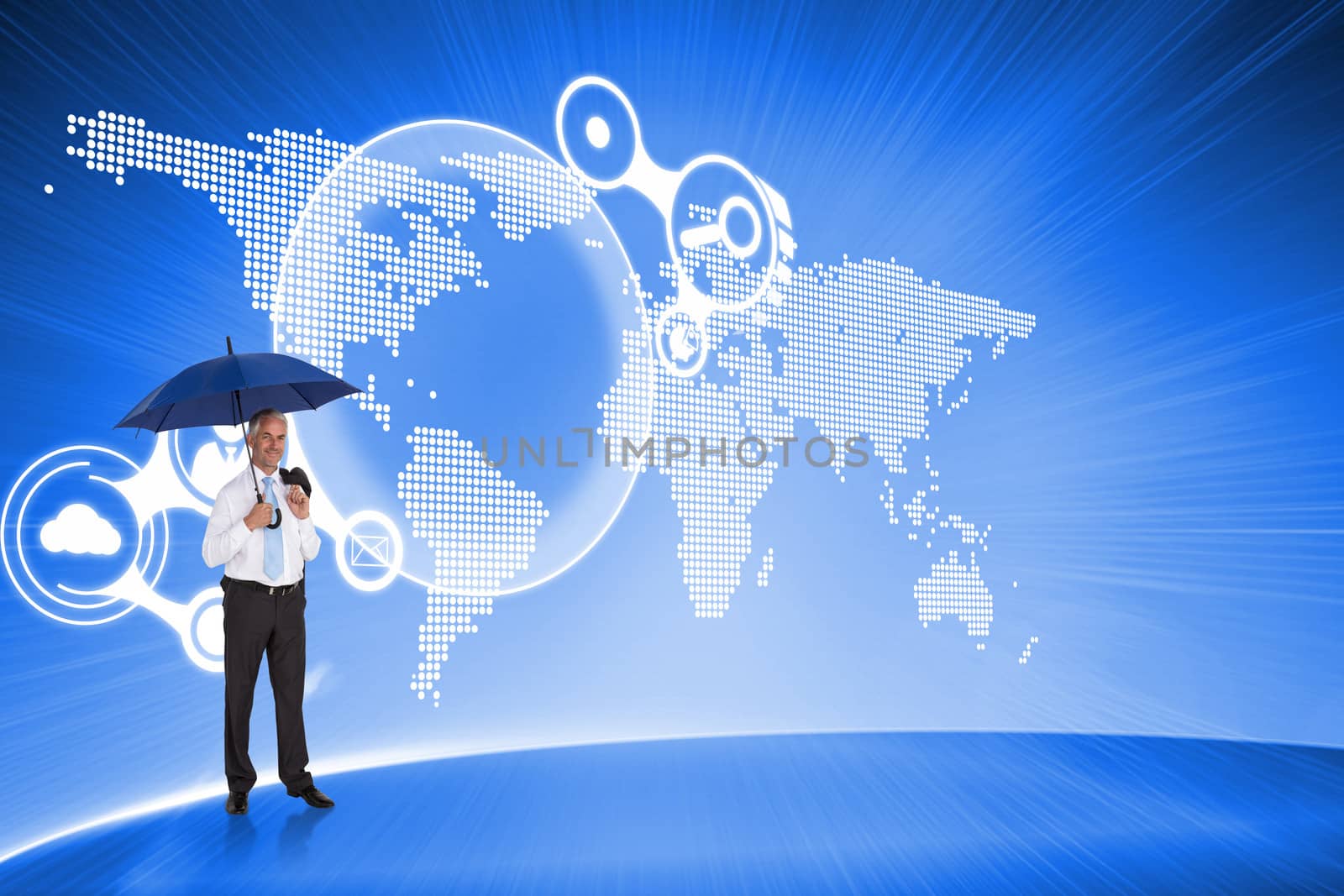 Composite image of happy businessman holding umbrella by Wavebreakmedia