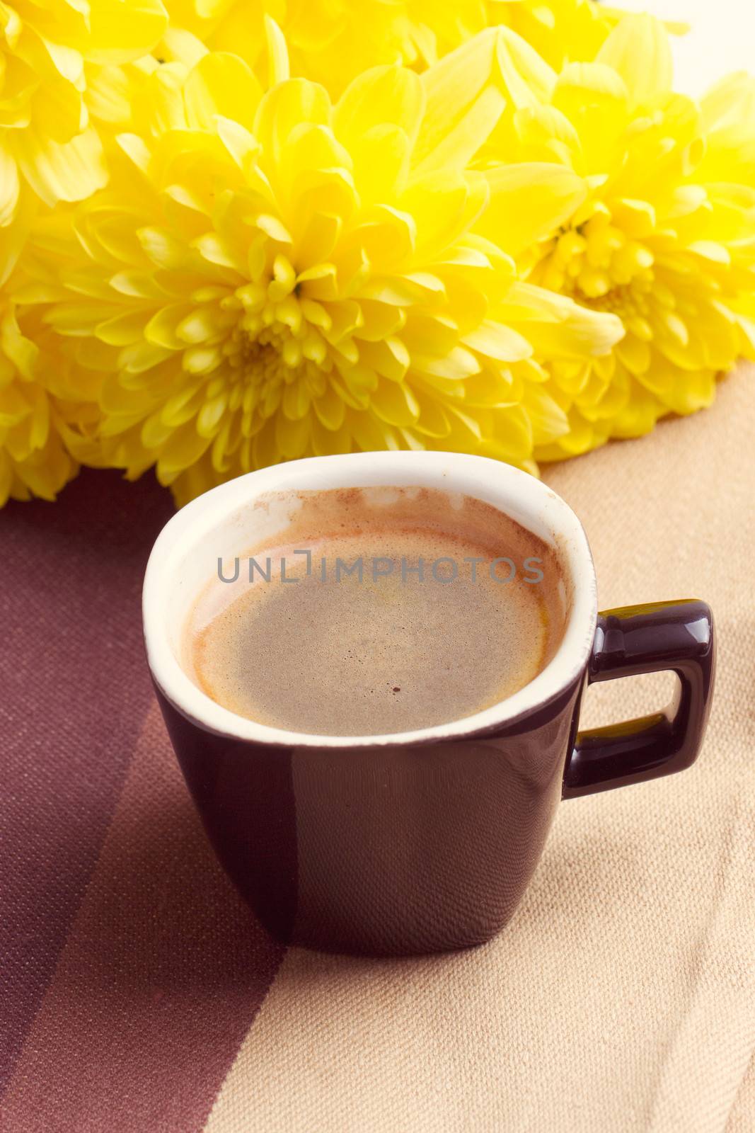 black coffee near the yellow flowers of chrysanthemums