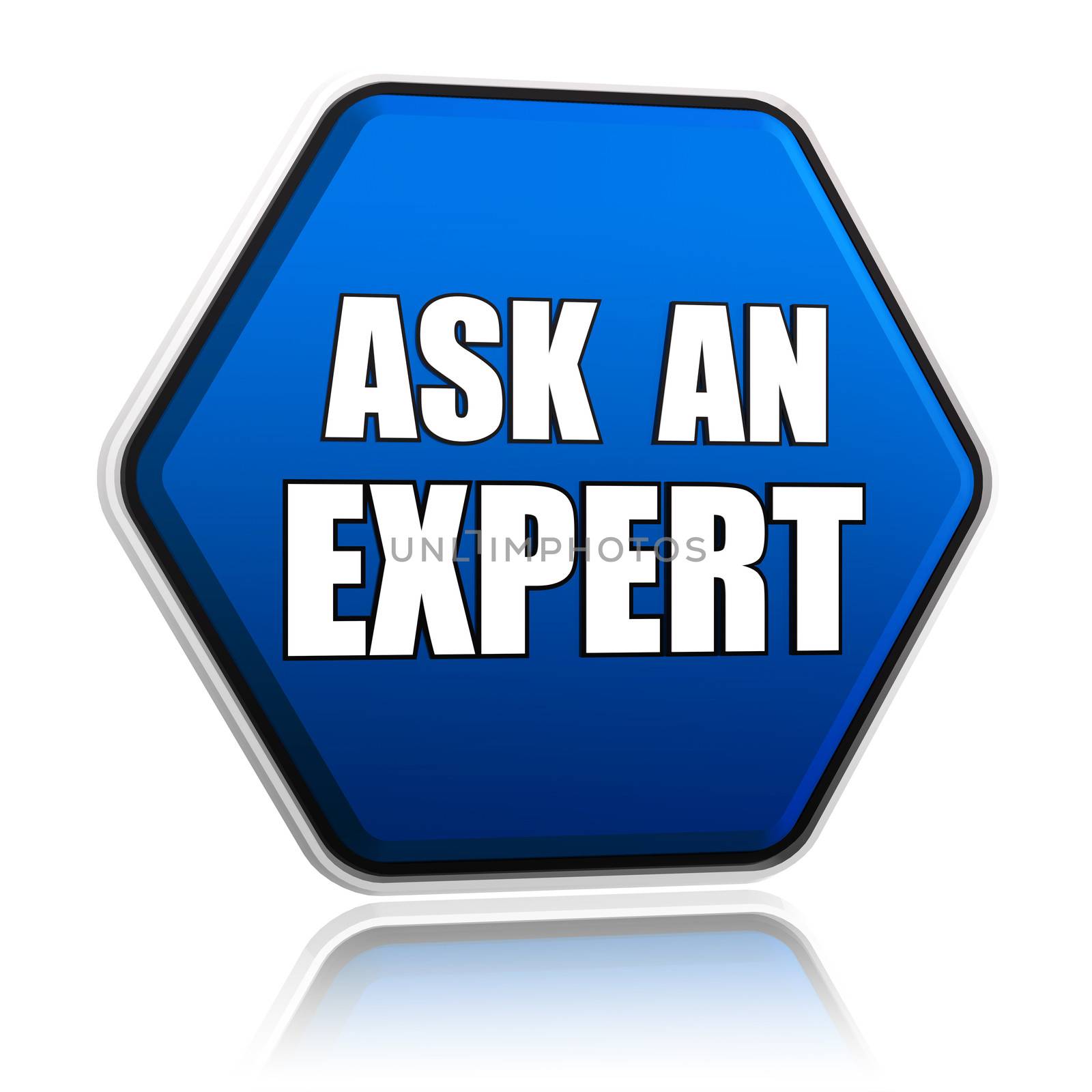 ask an expert - 3d blue hexagon button with white text, business consult concept words