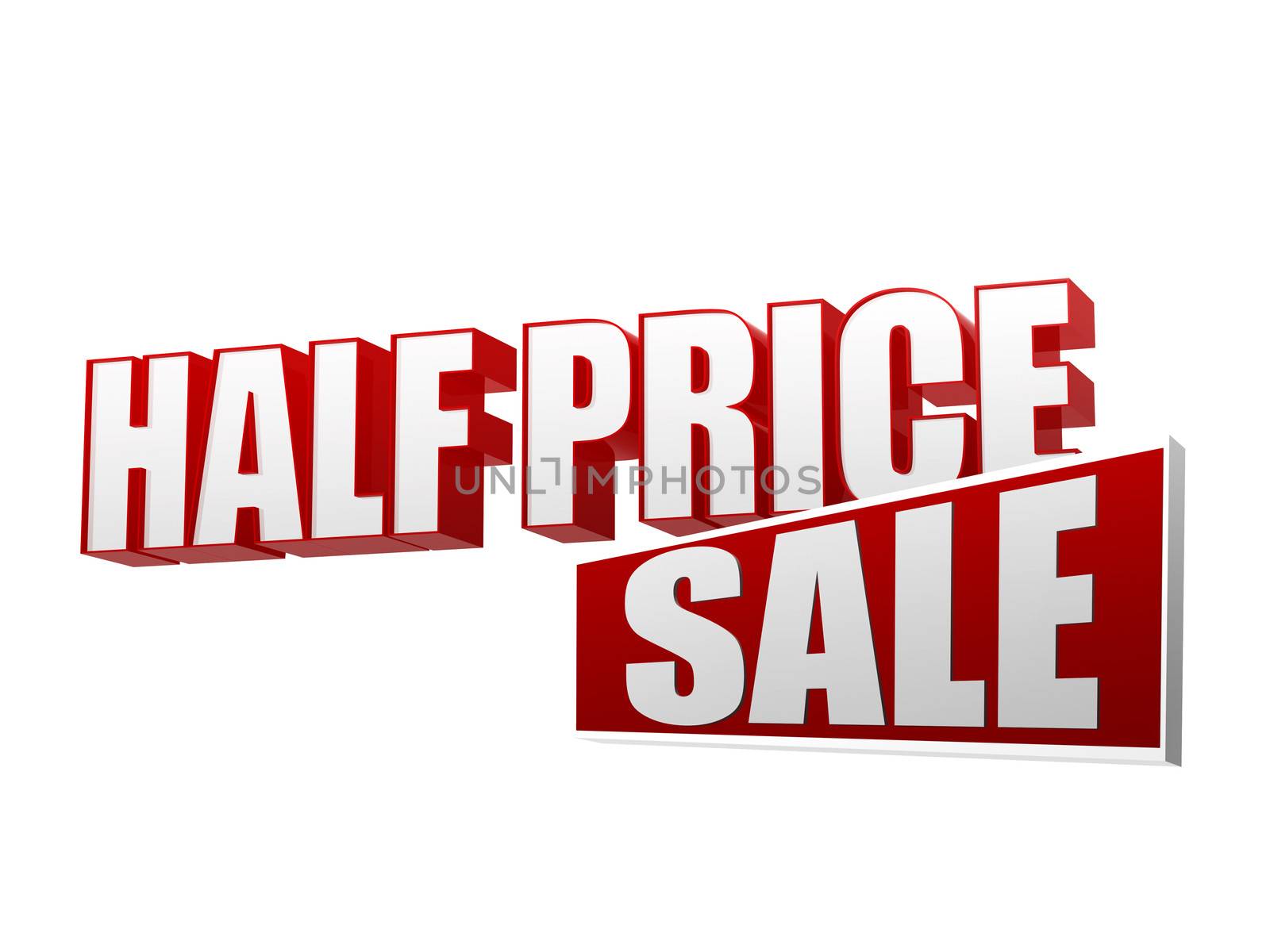 half price sale text - 3d red and white letters and block, business shopping concept