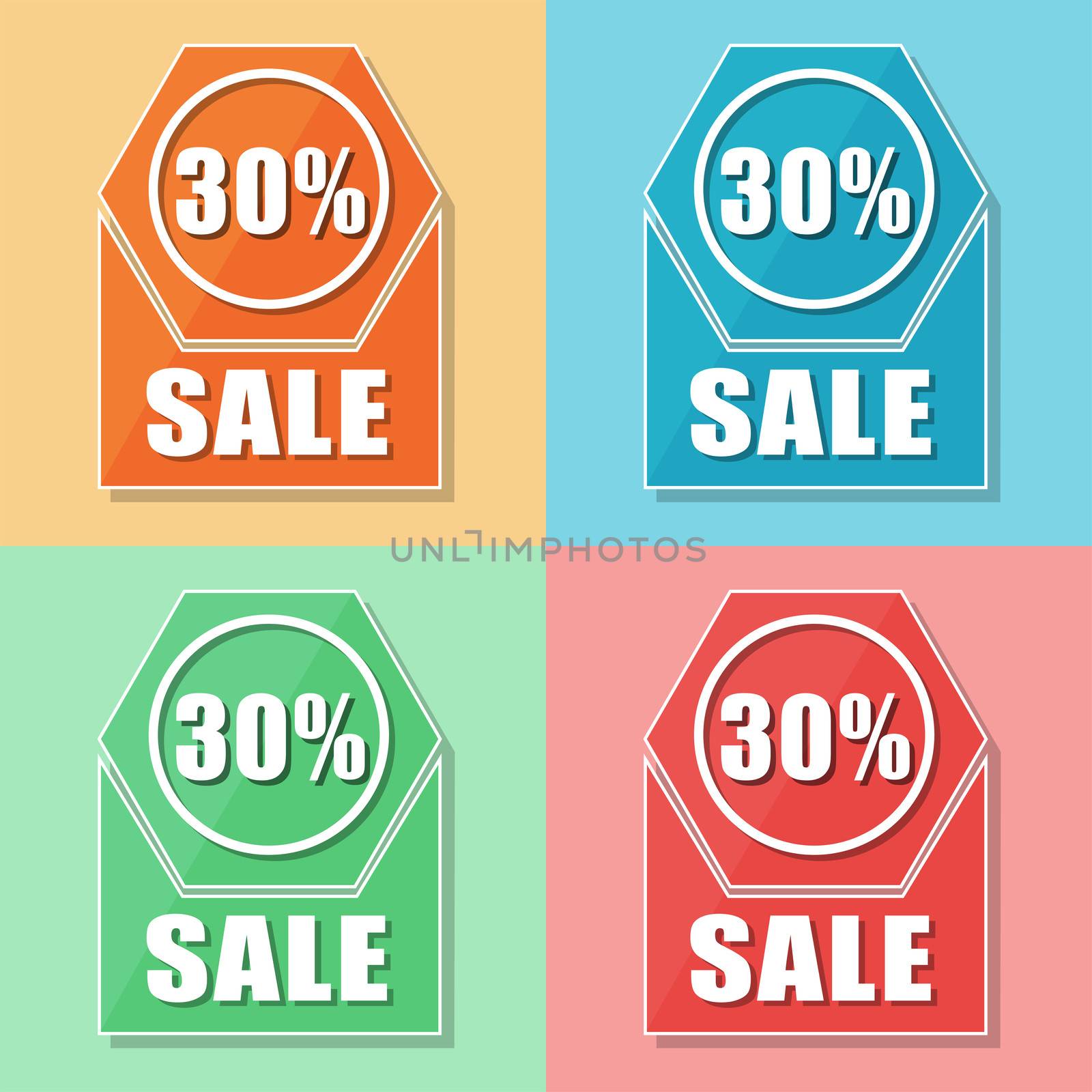 30 percentages sale, four colors web icons, flat design, business shopping concept
