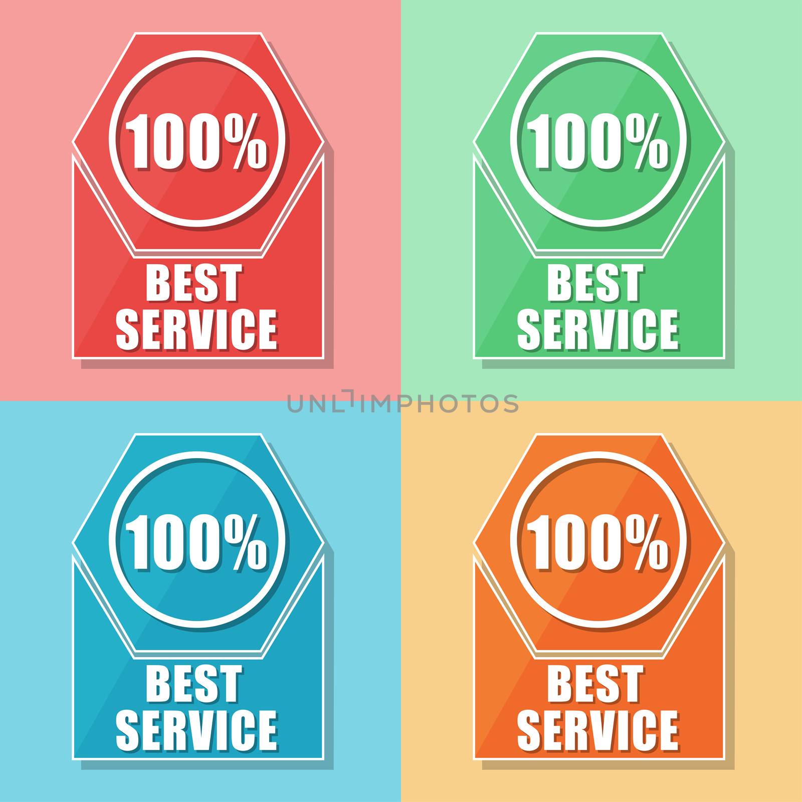 best service 100 percentages - four colors web icons, flat design, business support concept