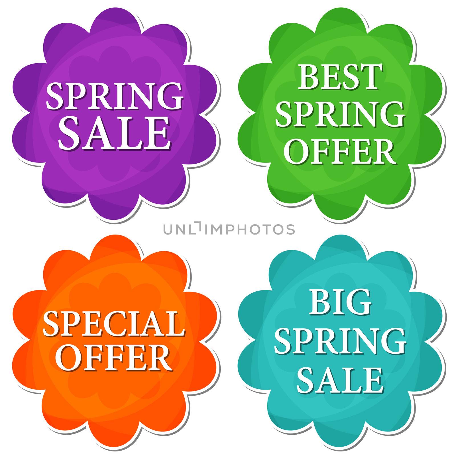 spring sale and offer banners - text in four colors flowers labels, business shopping seasonal concept, flat design