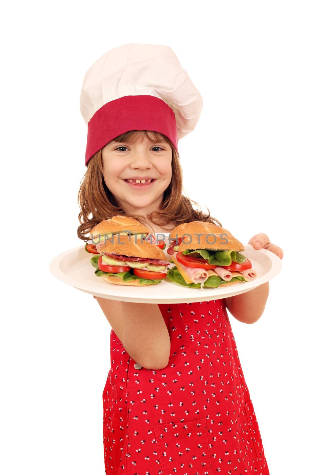 happy little girl cook with sandwiches