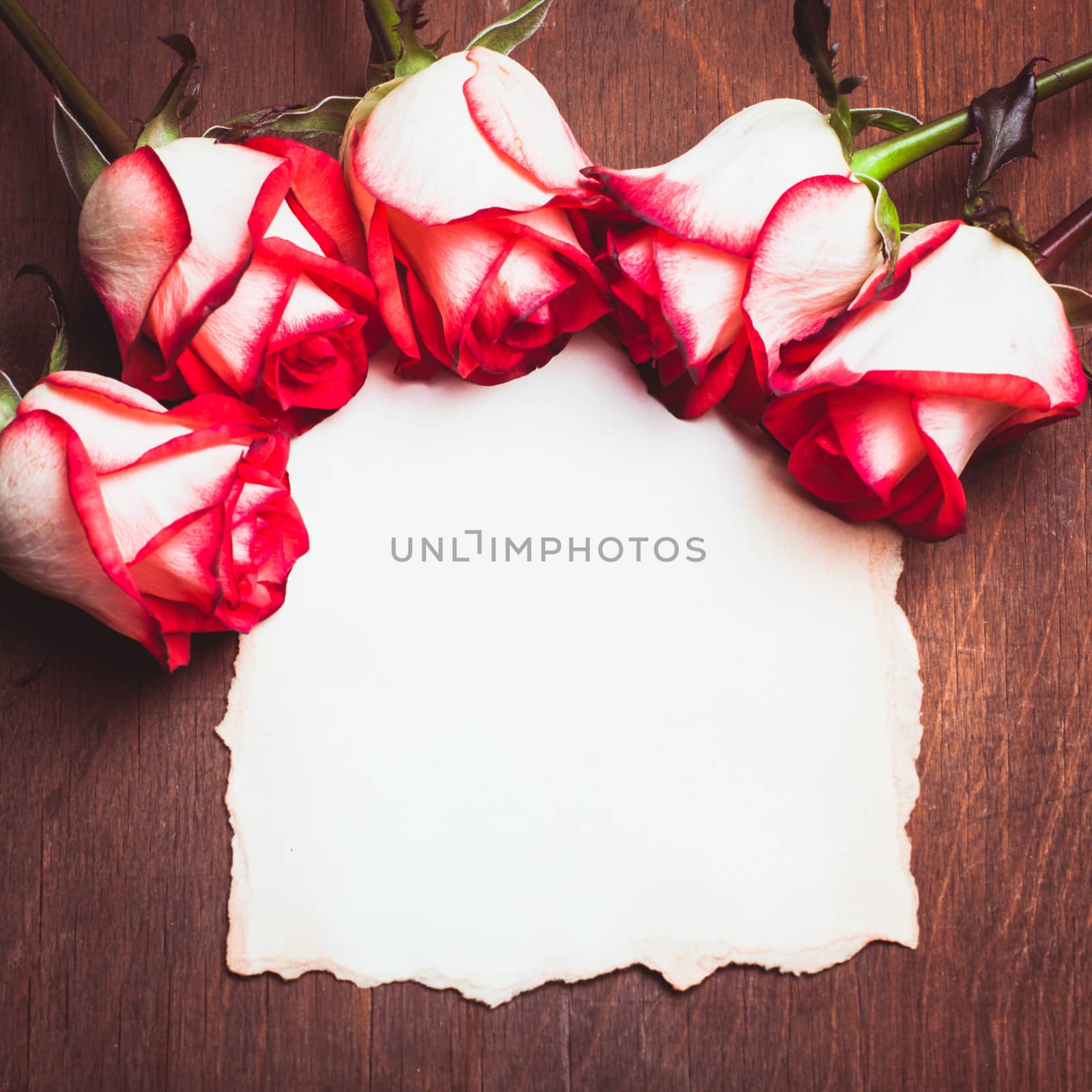 Roses and blank ragged card on the table