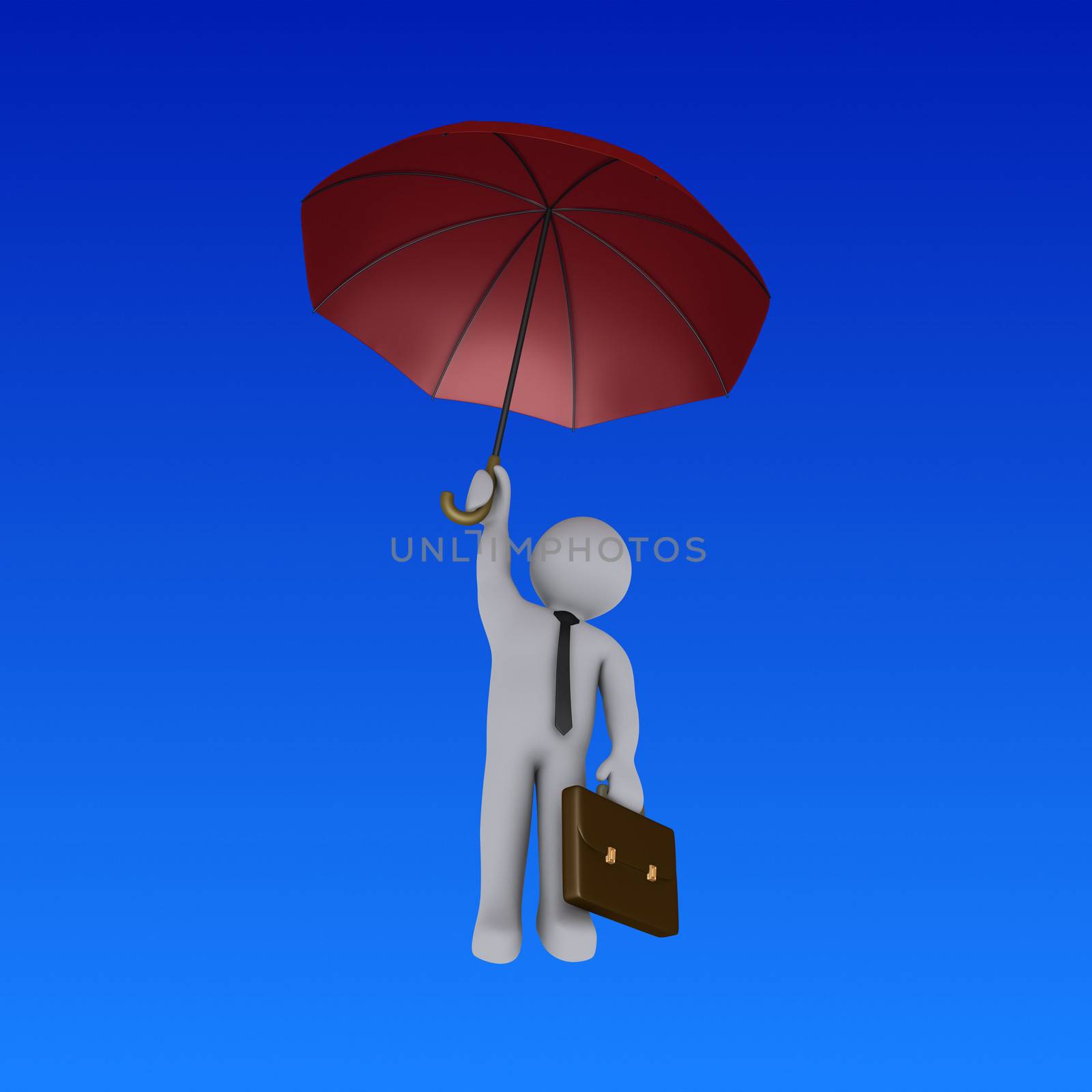 3d businessman holding an umbrella is falling from the sky