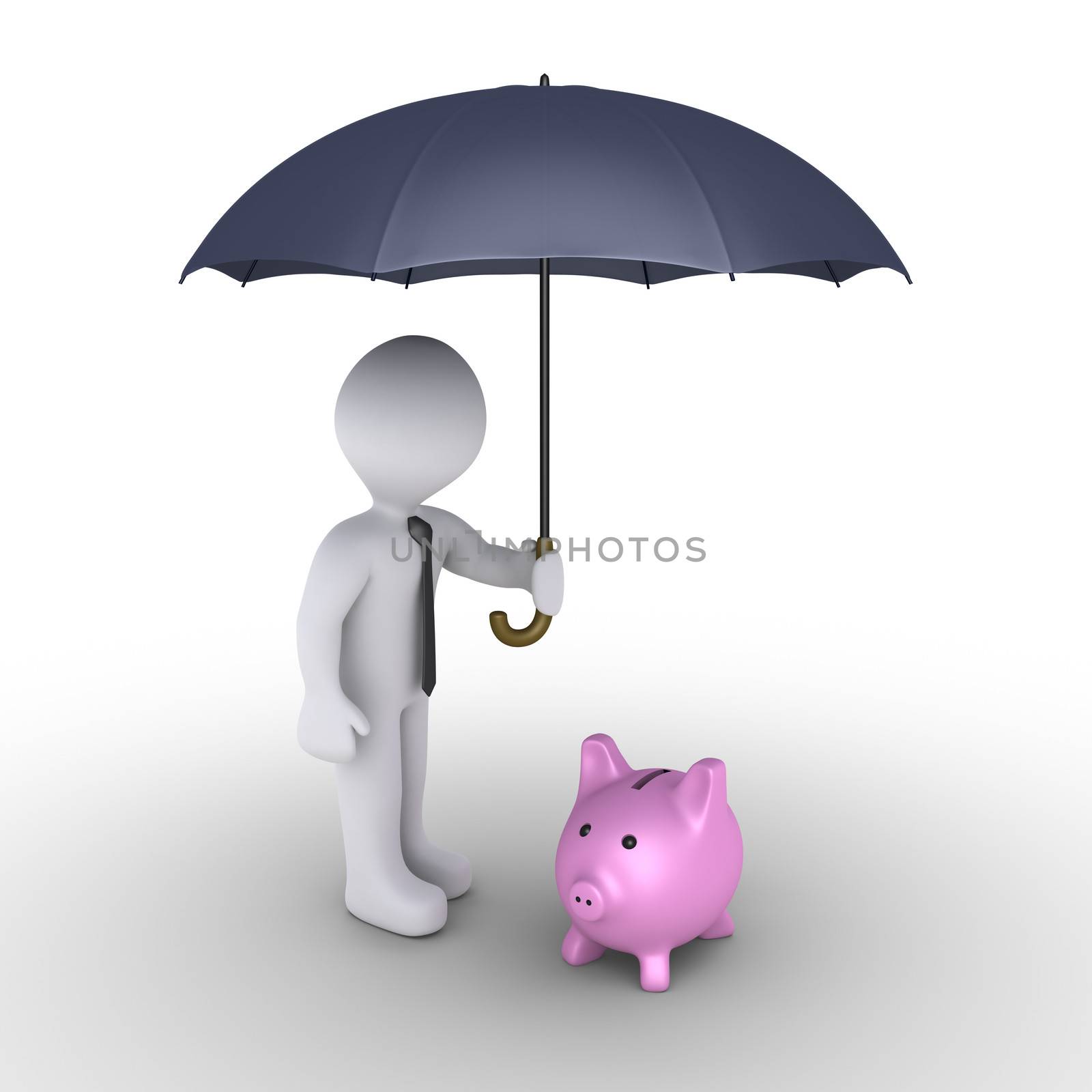 3d businessman holding an umbrella protects a pig money box