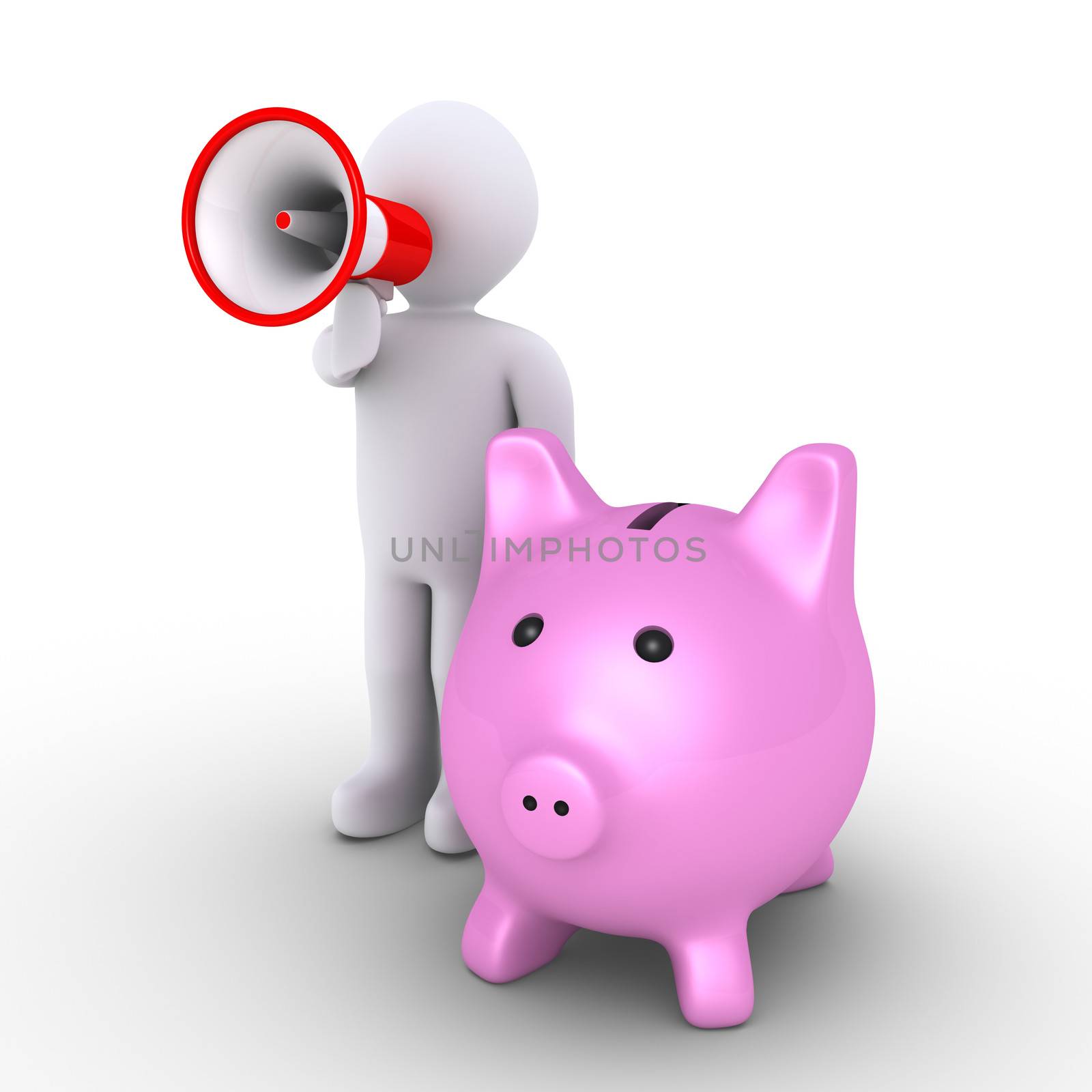 3d pig money box and a person speaking through a megaphone