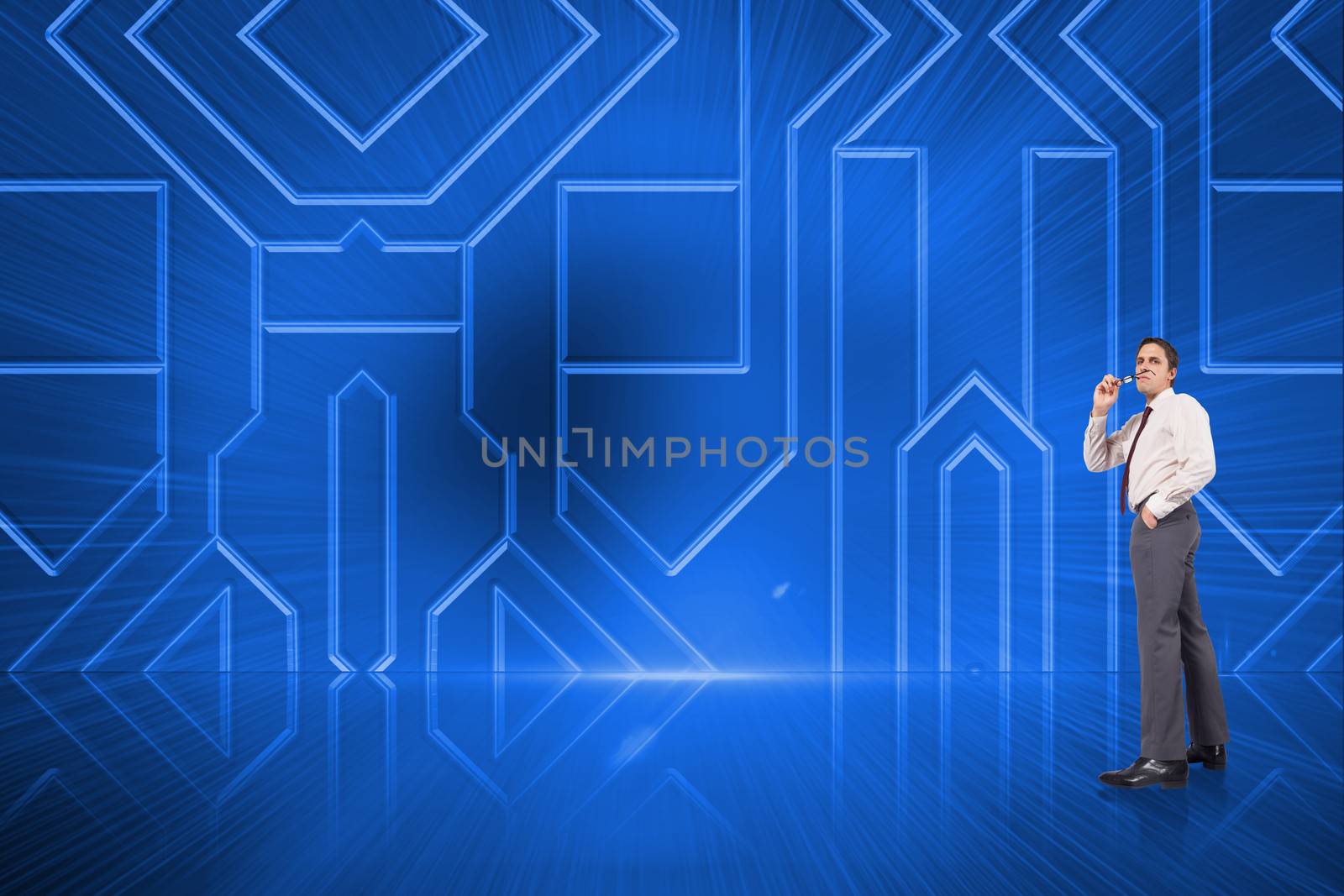 Thinking businessman holding glasses against abstract technology background