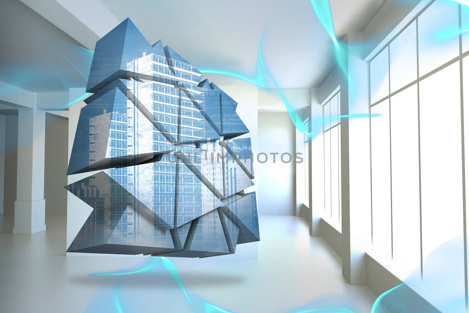 Cityscape on abstract screen against blue abstract design in room