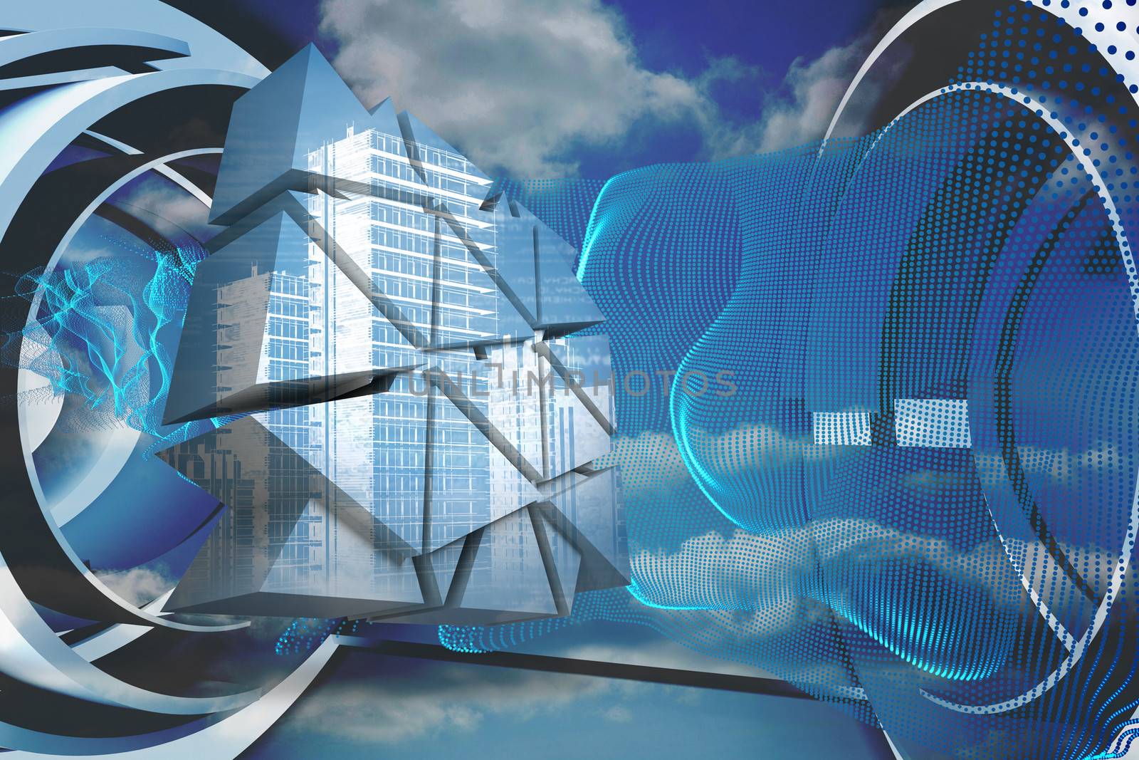 Cityscape on abstract screen against abstract blue design in futuristic structure
