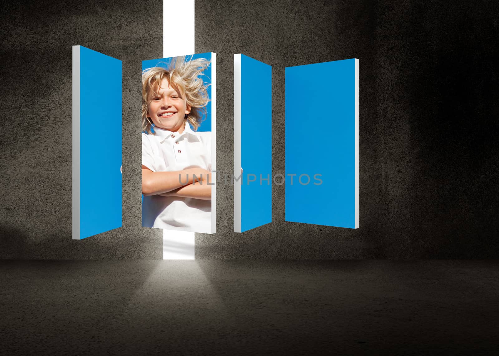 Blonde boy on abstract screen against door in dark room