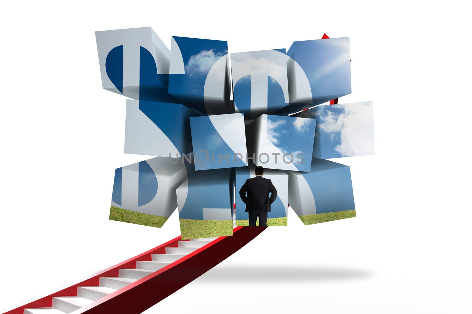 Businessman and dollar signs on abstract screen against red ladder arrow graphic