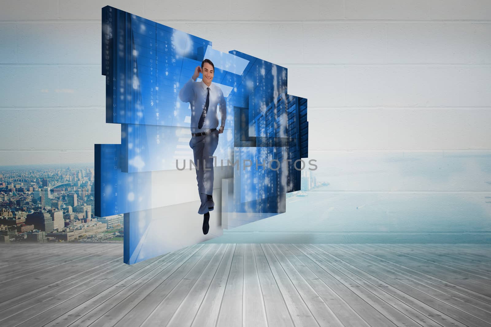 Businessman in data center on abstract screen against city scene in a room