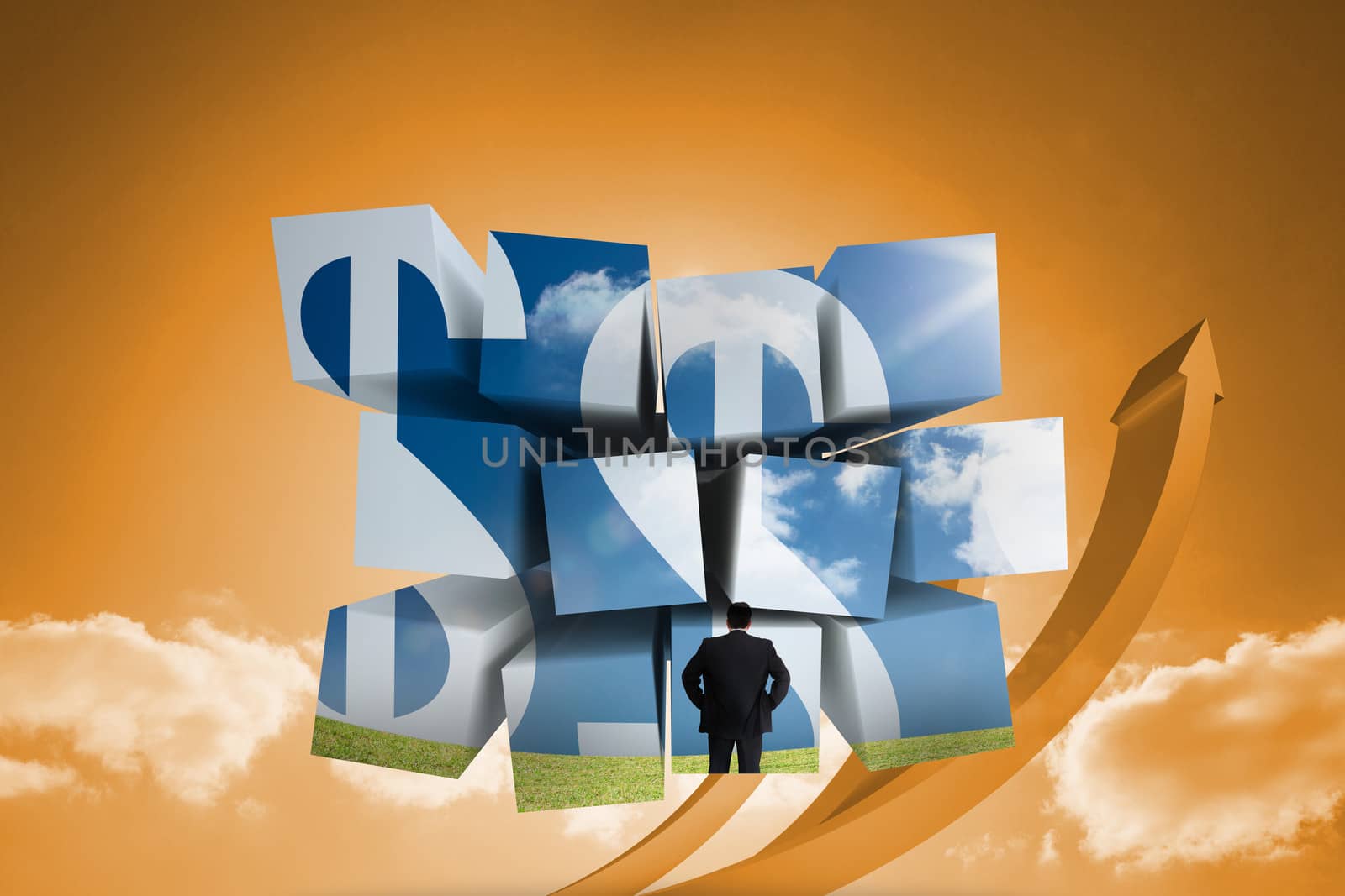Businessman and dollar signs on abstract screen against arrows in the sky in orange