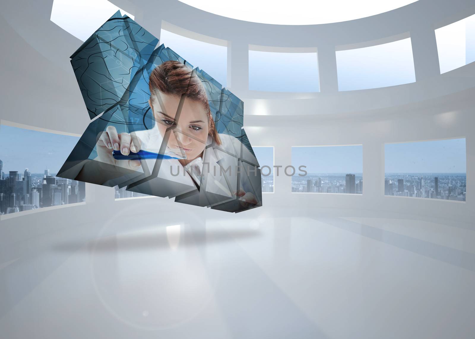 Scientist on abstract screen against bright white room with windows