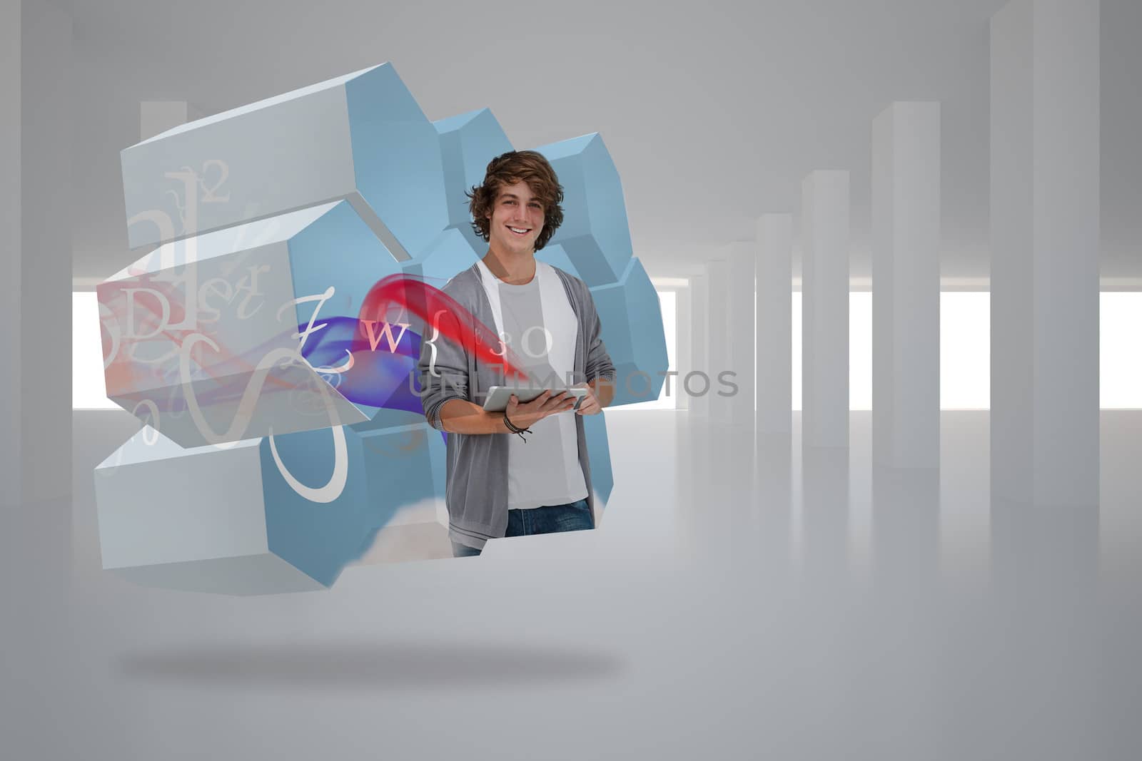Composite image of student with tablet on abstract screen by Wavebreakmedia