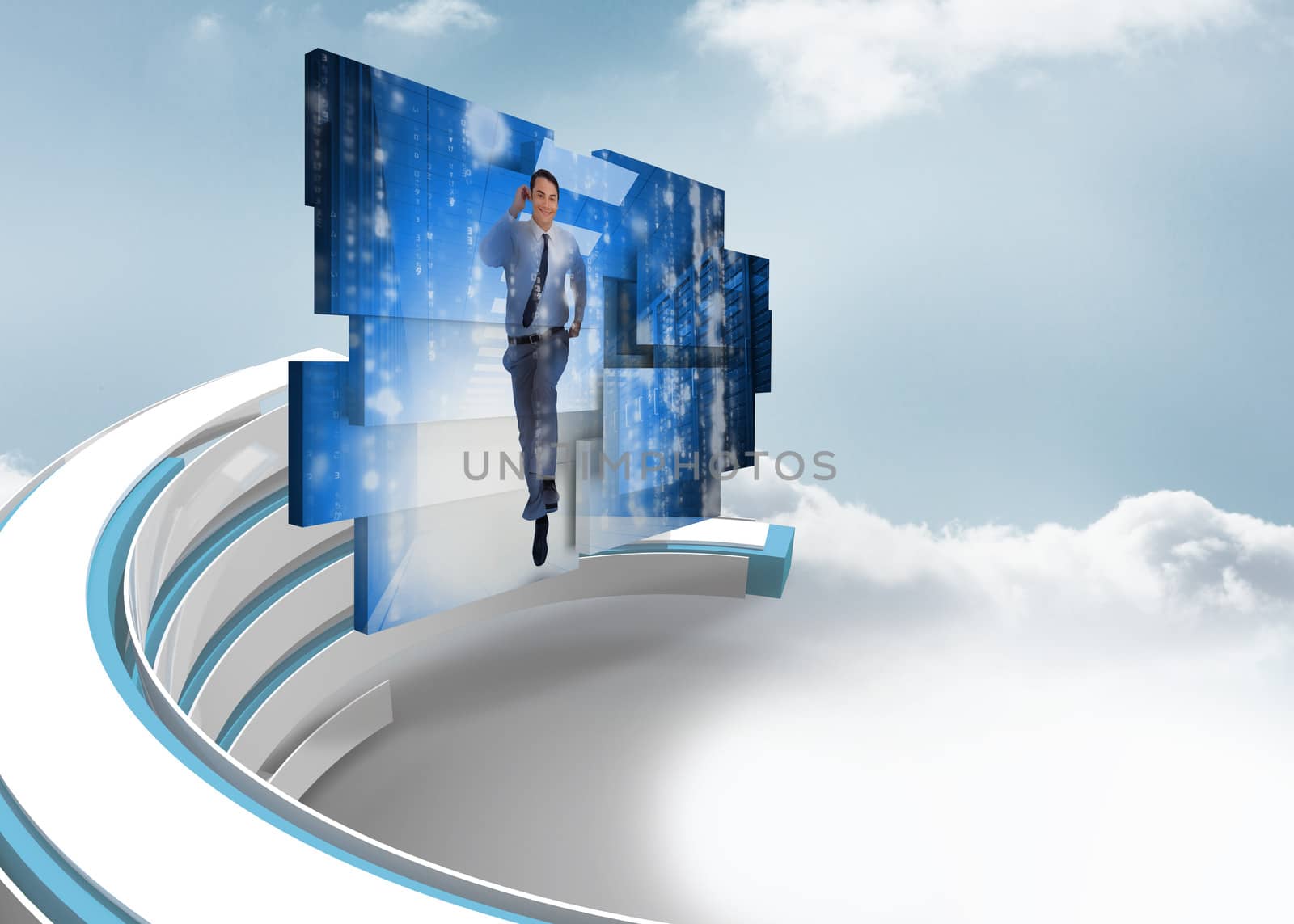 Businessman in data center on abstract screen against blue and white structure in the sky