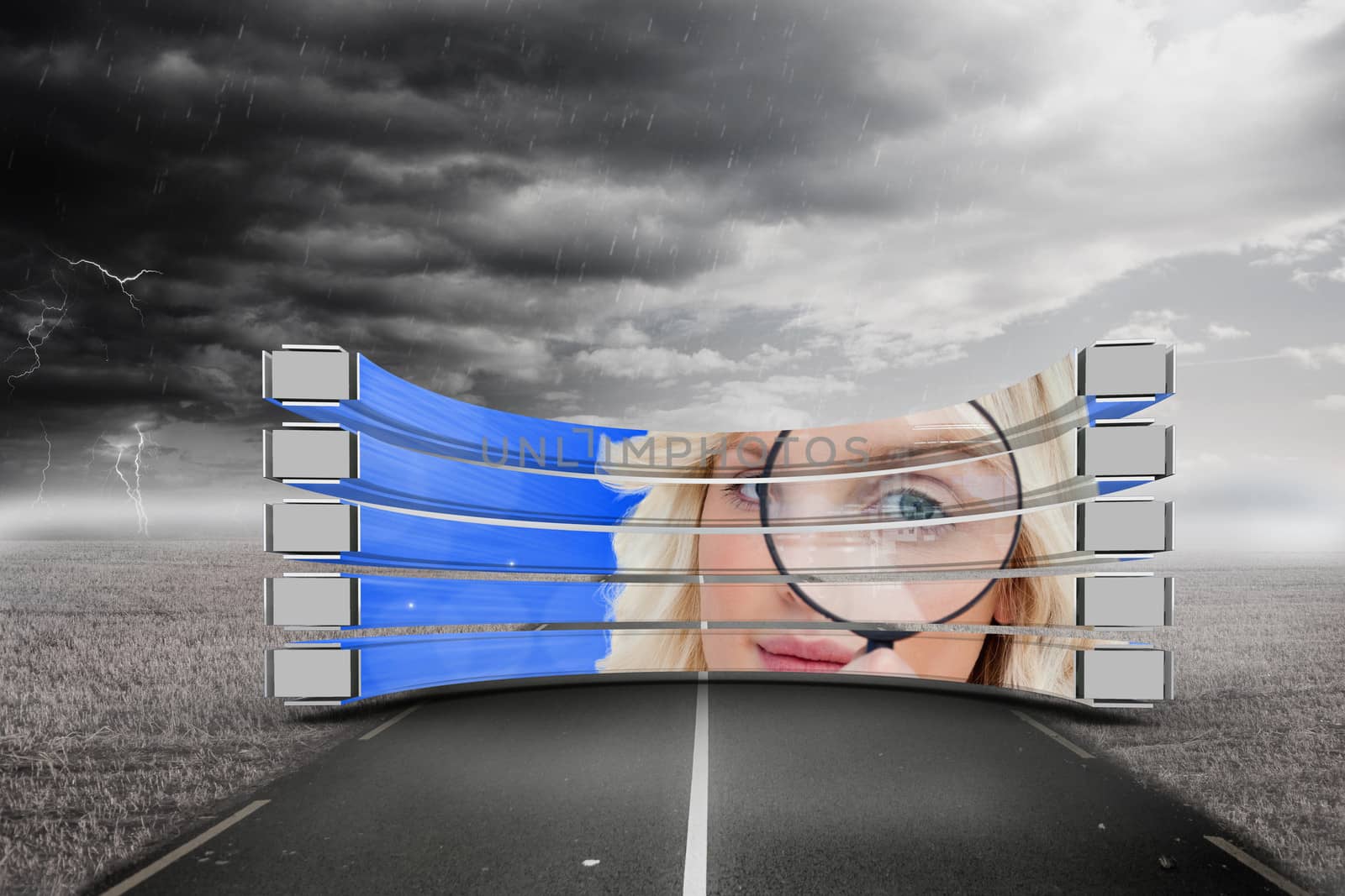 Blonde with magnifying glass on abstract screen against stormy landscape with street