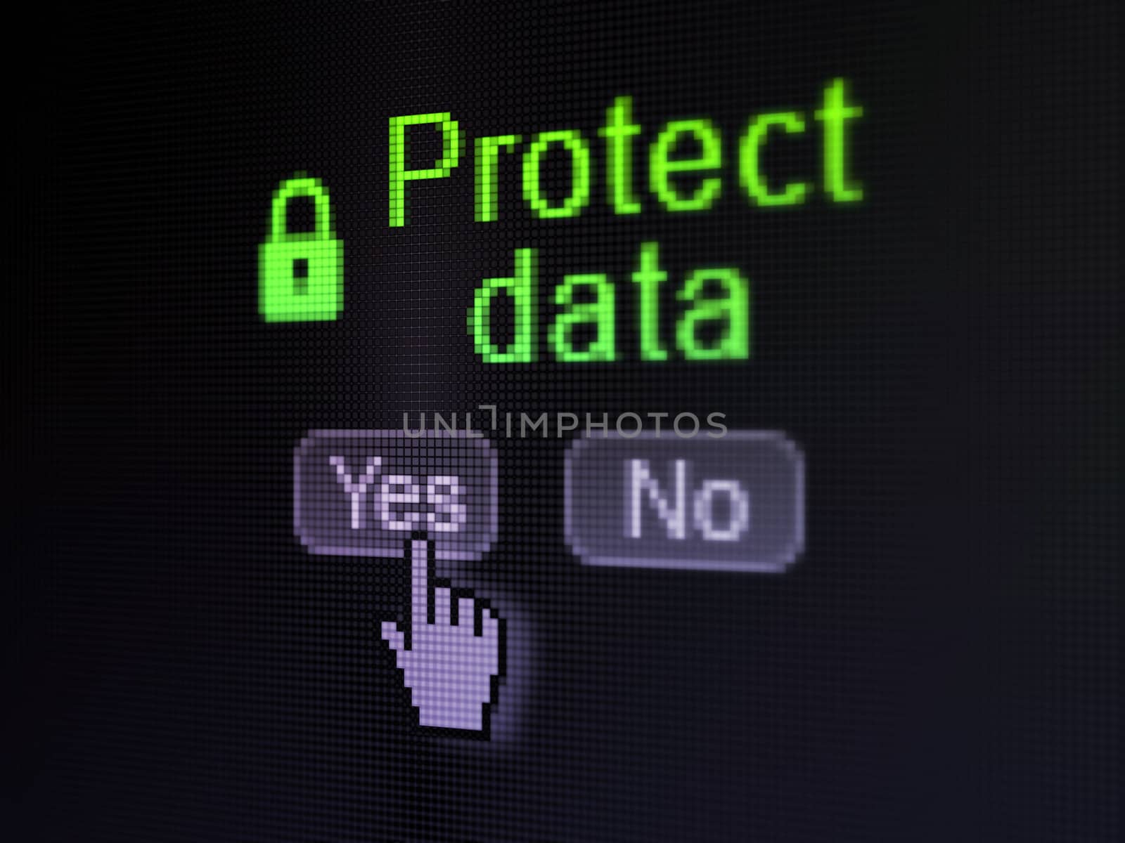 Security concept: buttons yes and no with pixelated Closed Padlock icon, word Protect Data and Hand cursor on digital computer screen, selected focus 3d render