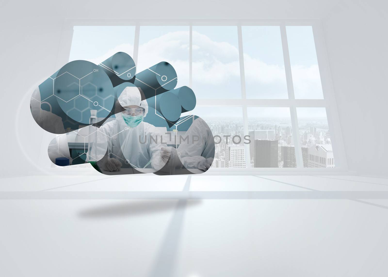 Scientist on abstract screen against bright white room with windows