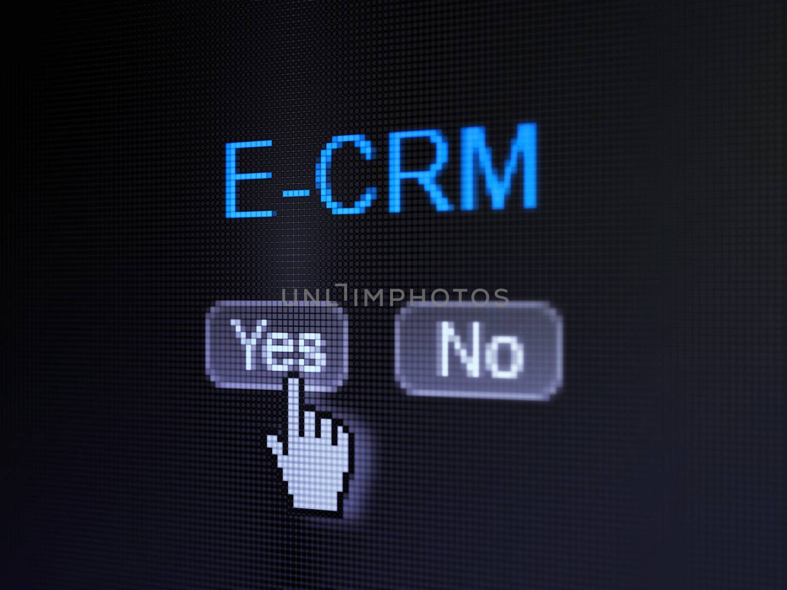 Finance concept: buttons yes and no with pixelated word E-CRM and Hand cursor on digital computer screen, selected focus 3d render