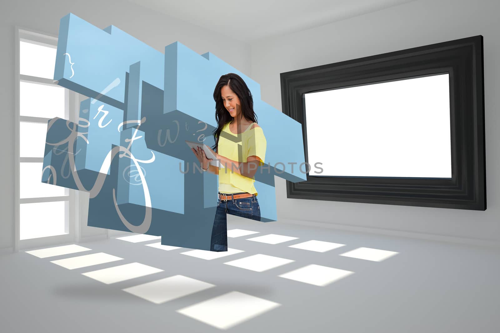 Composite image of student using tablet on abstract screen by Wavebreakmedia