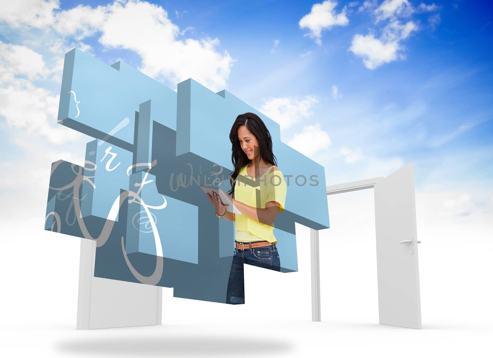 Student using tablet on abstract screen against closed and open doors in sky