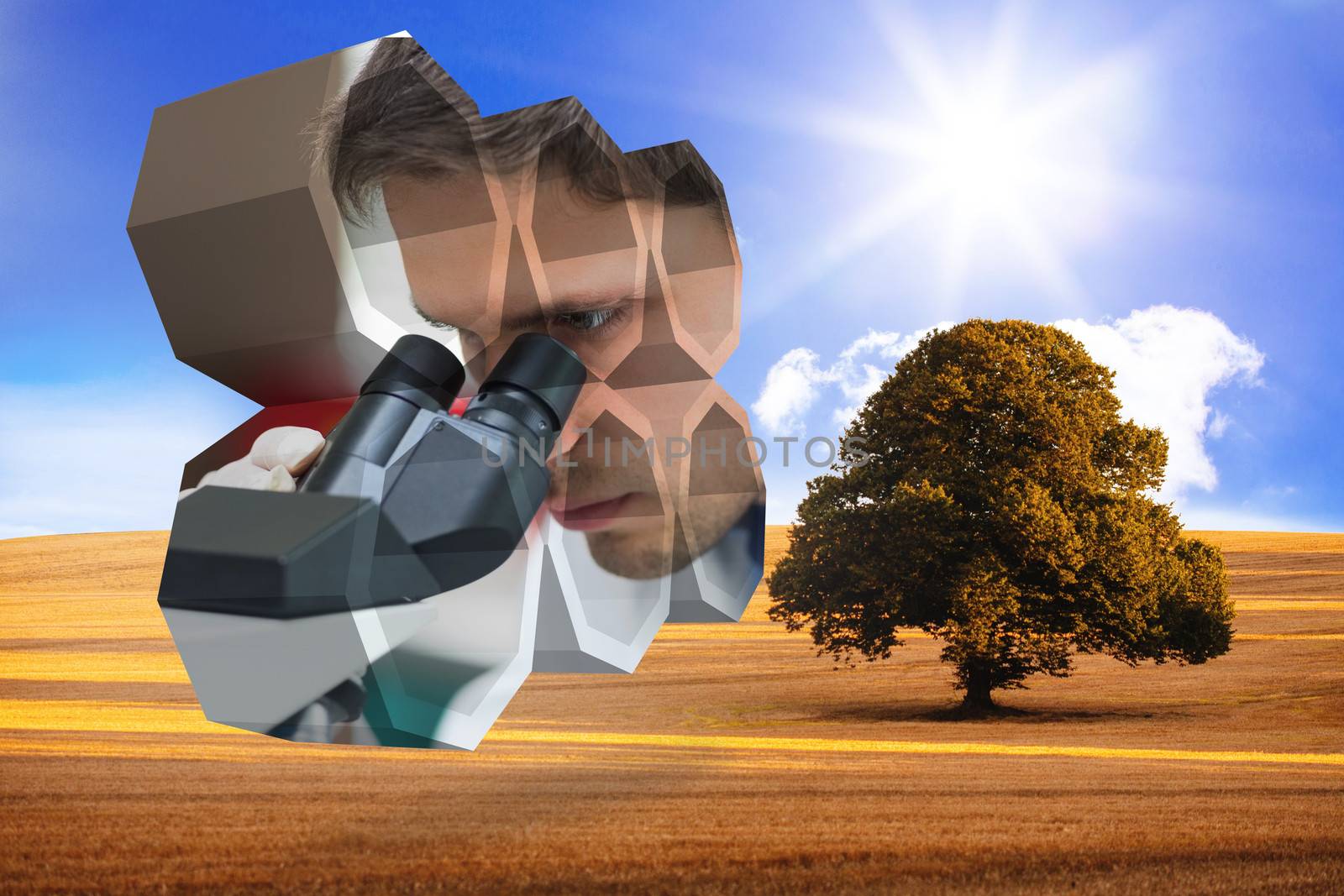 Scientist on abstract screen against sunny brown landscape