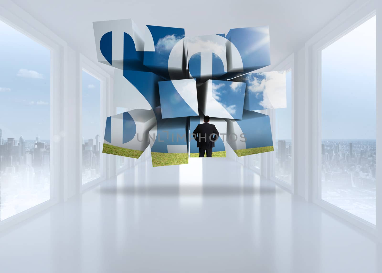 Businessman and dollar signs on abstract screen against bright white hall with windows