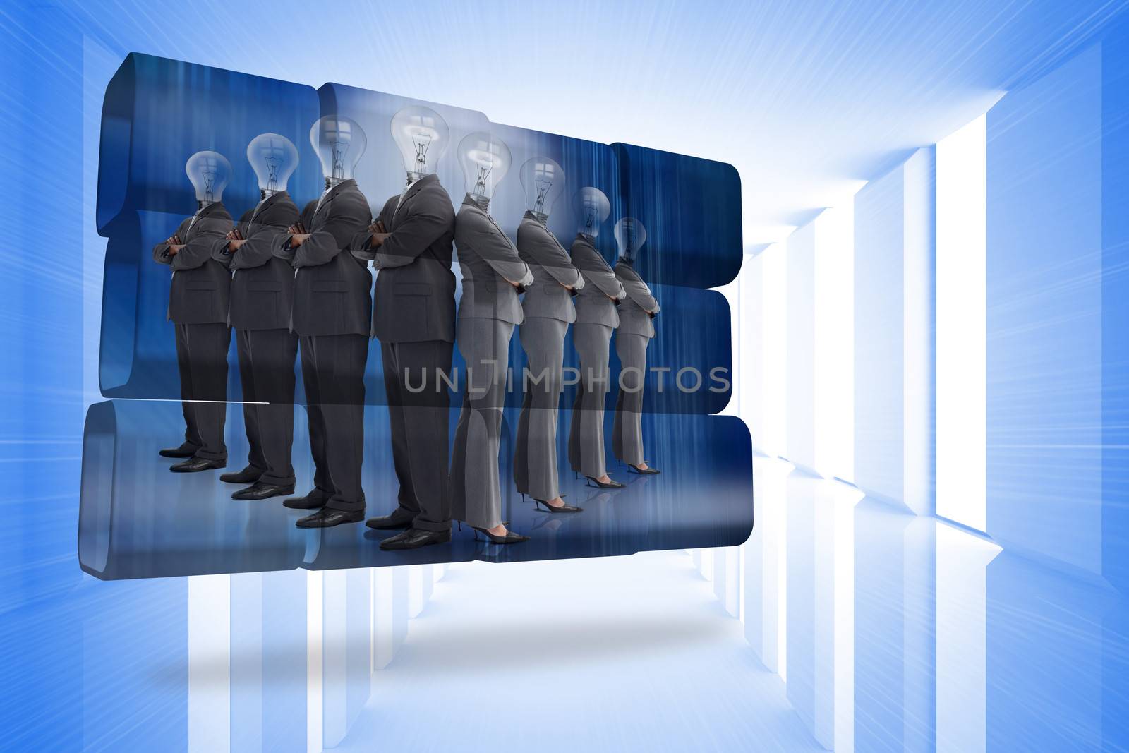 Light bulb business people on abstract screen against bright blue room with windows
