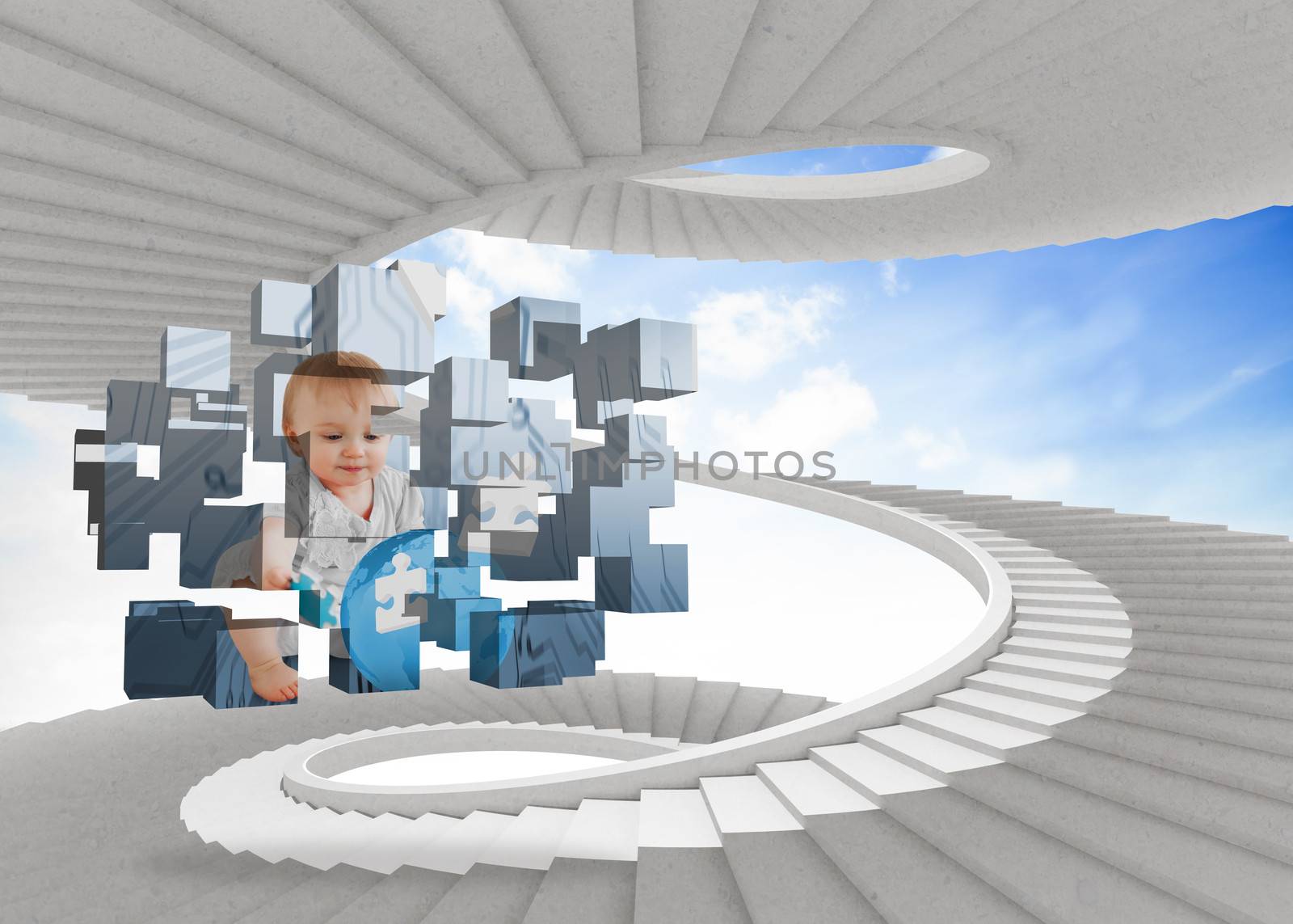 Baby genius on abstract screen against spiral staircase in the sky