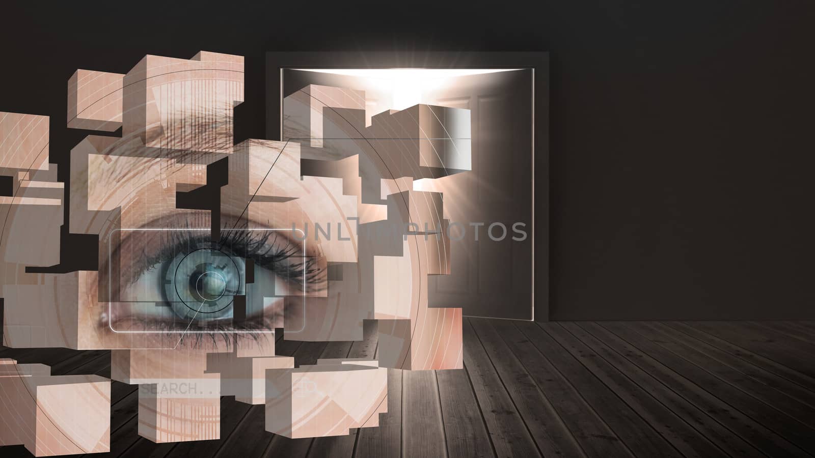 Eye analysis on abstract screen against dark room with opening doors