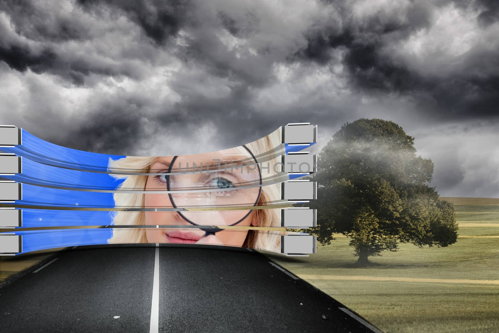 Blonde with magnifying glass on abstract screen against misty green landscape with street