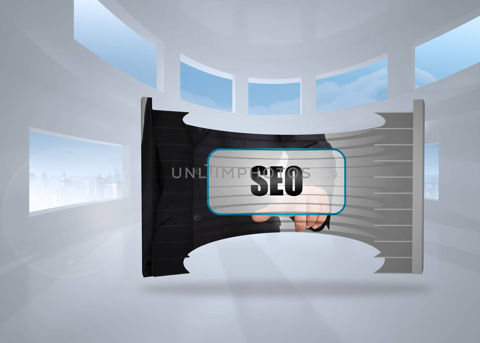 Seo banner on abstract screen against bright white room with windows