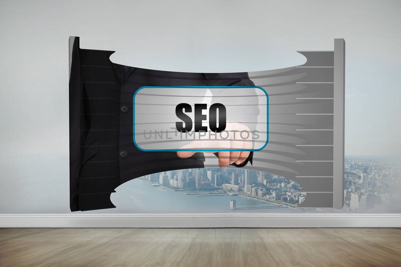 Seo banner on abstract screen against city scene in a room