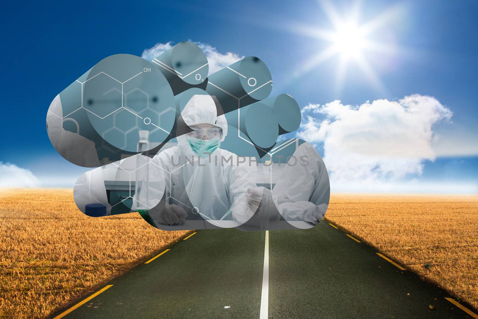 Scientist on abstract screen against sunny brown landscape with street