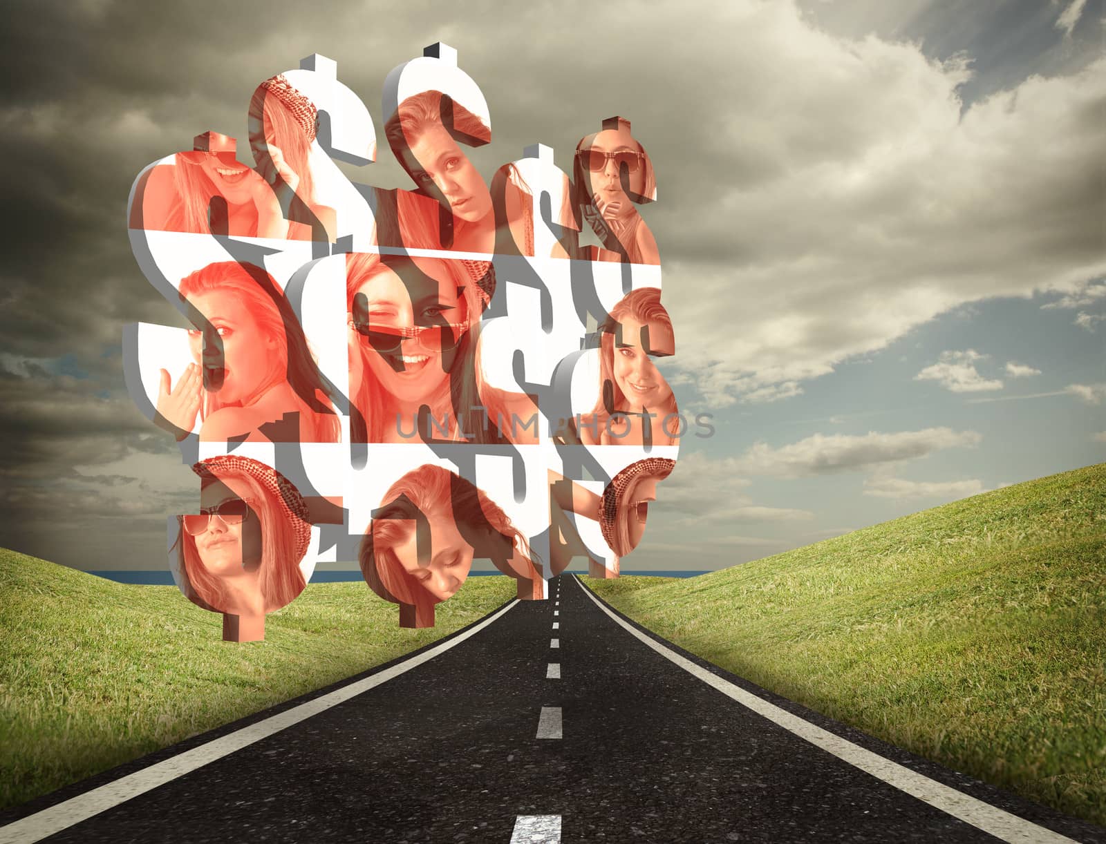 Pretty girl on abstract screen against highway under cloudy sky