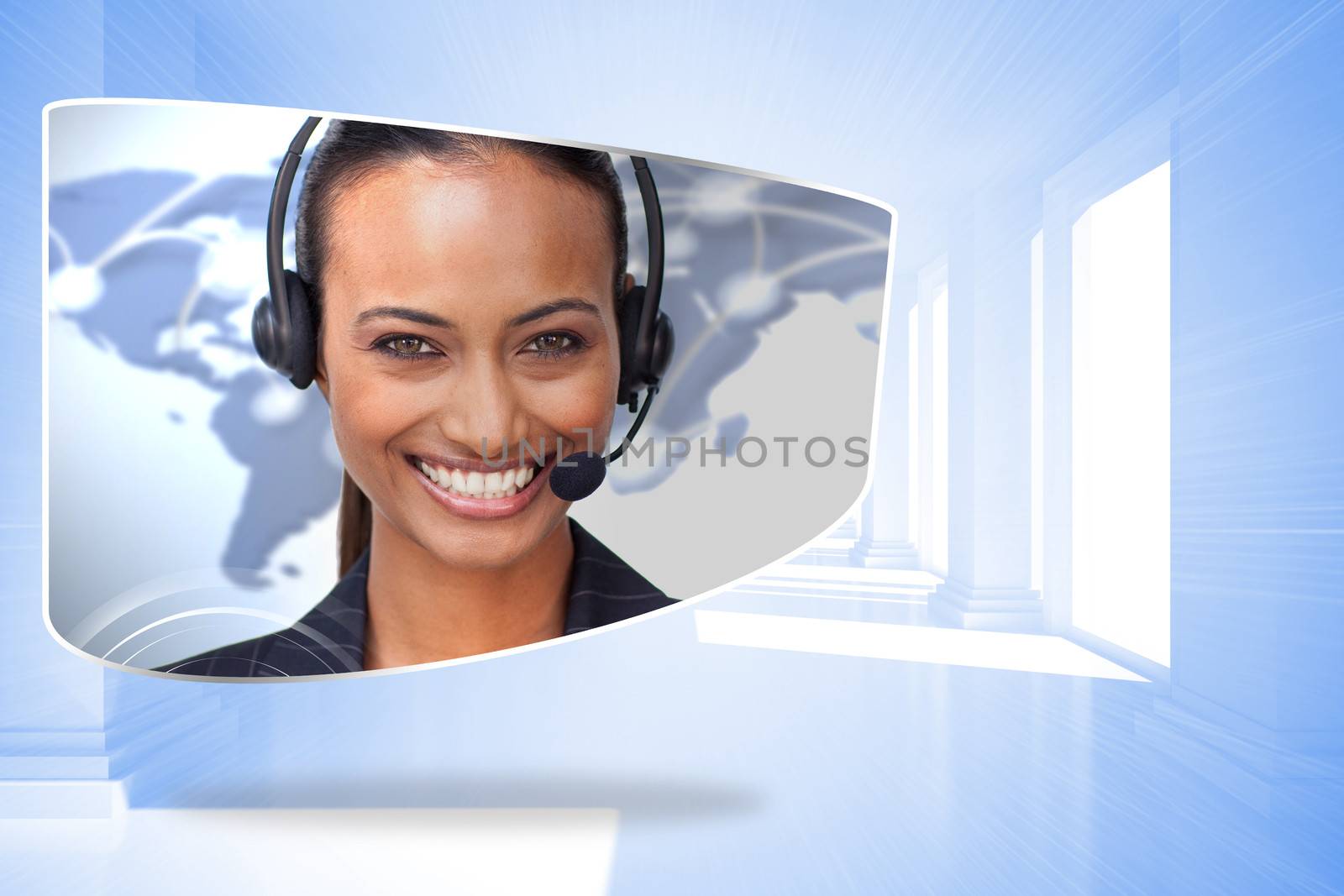 Call centre agent on abstract screen against bright blue room with columns