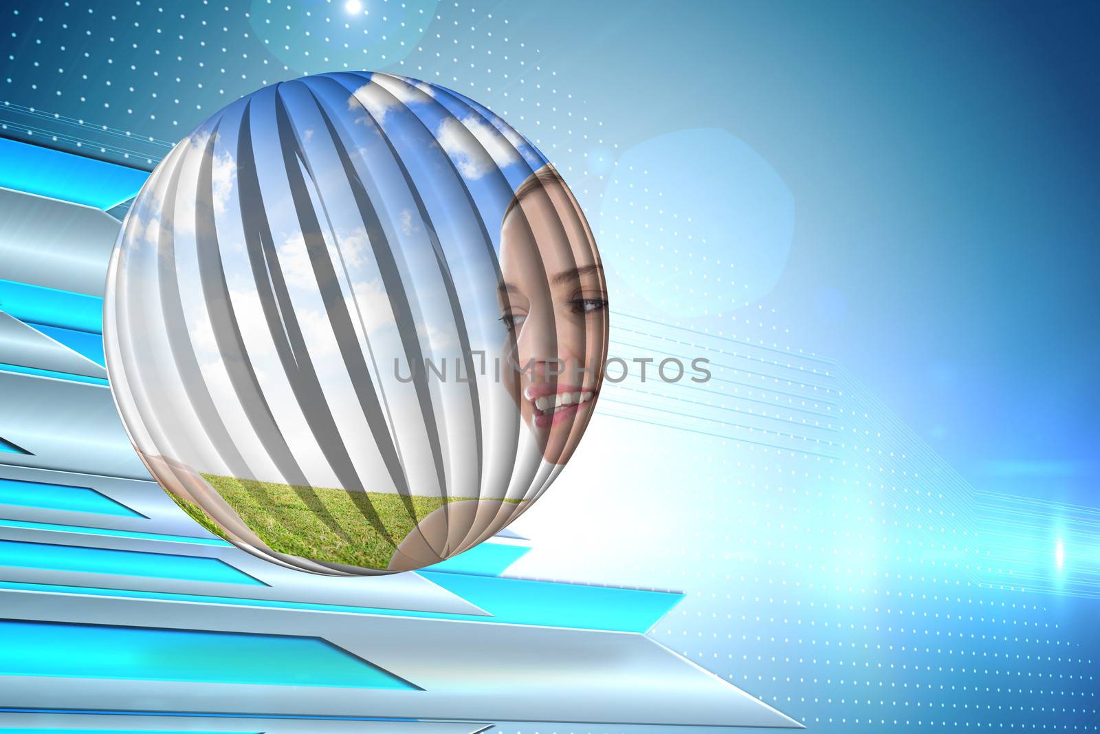 Smiling woman in field on abstract screen against arrows on technical background
