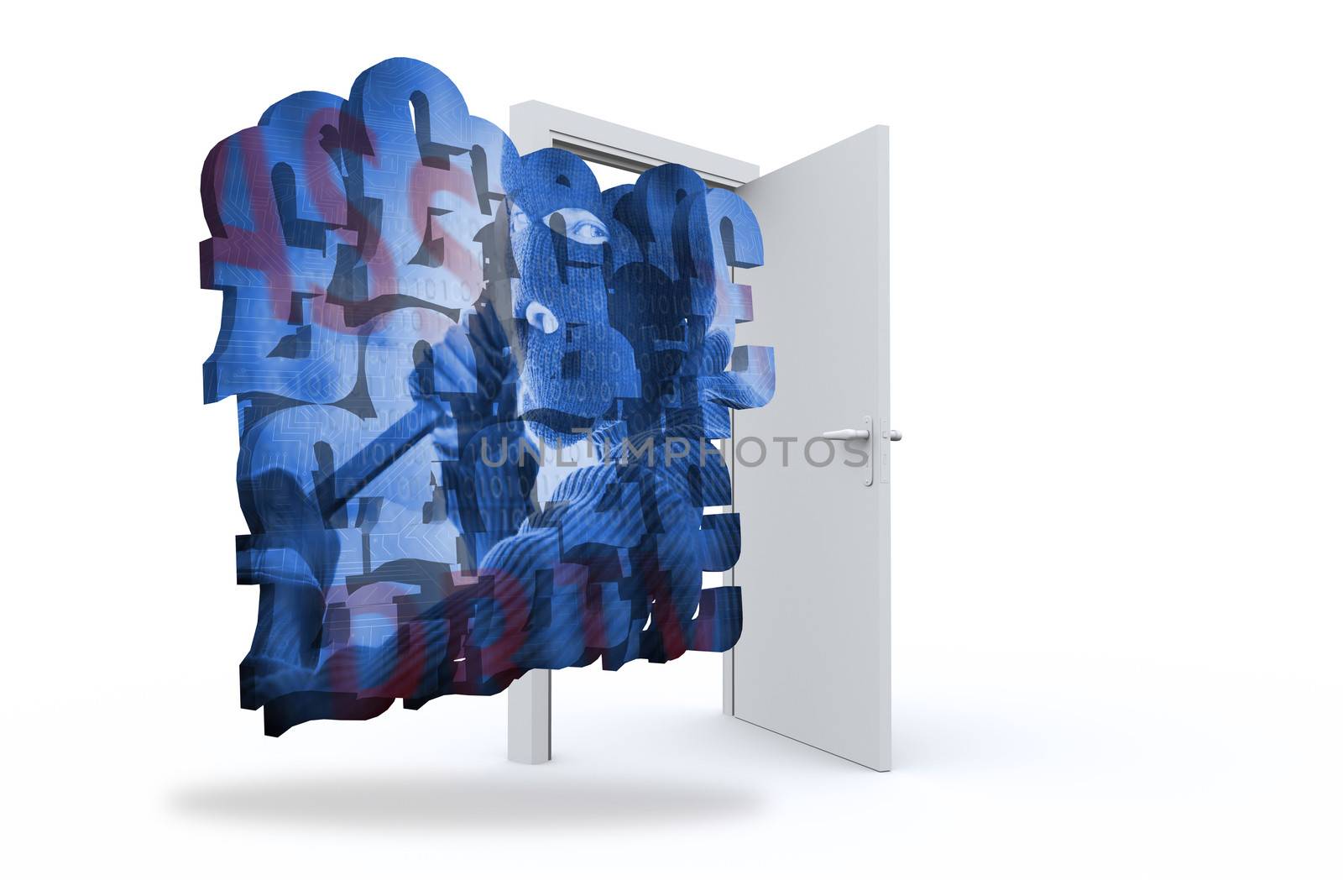 Composite image of burglar on abstract screen against door opening