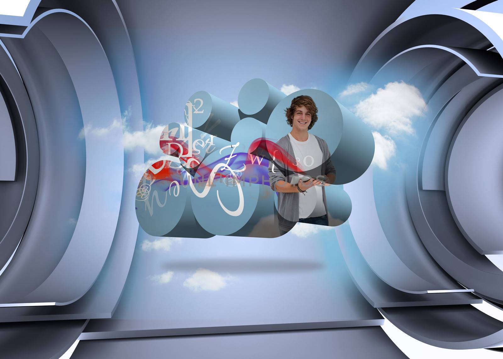 Student with tablet on abstract screen against clouds in a futuristic structure
