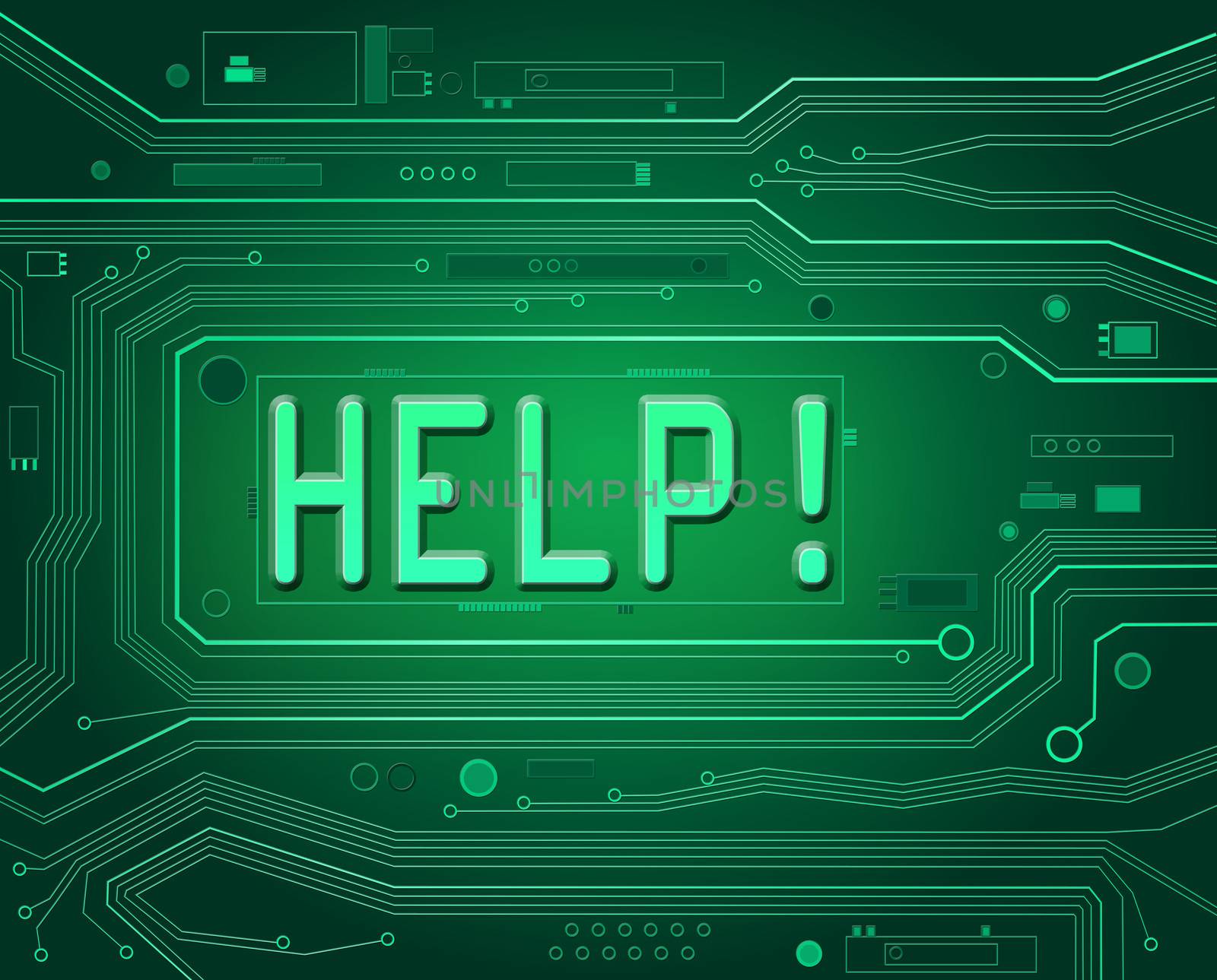 Abstract style illustration depicting printed circuit board components with a help concept..
