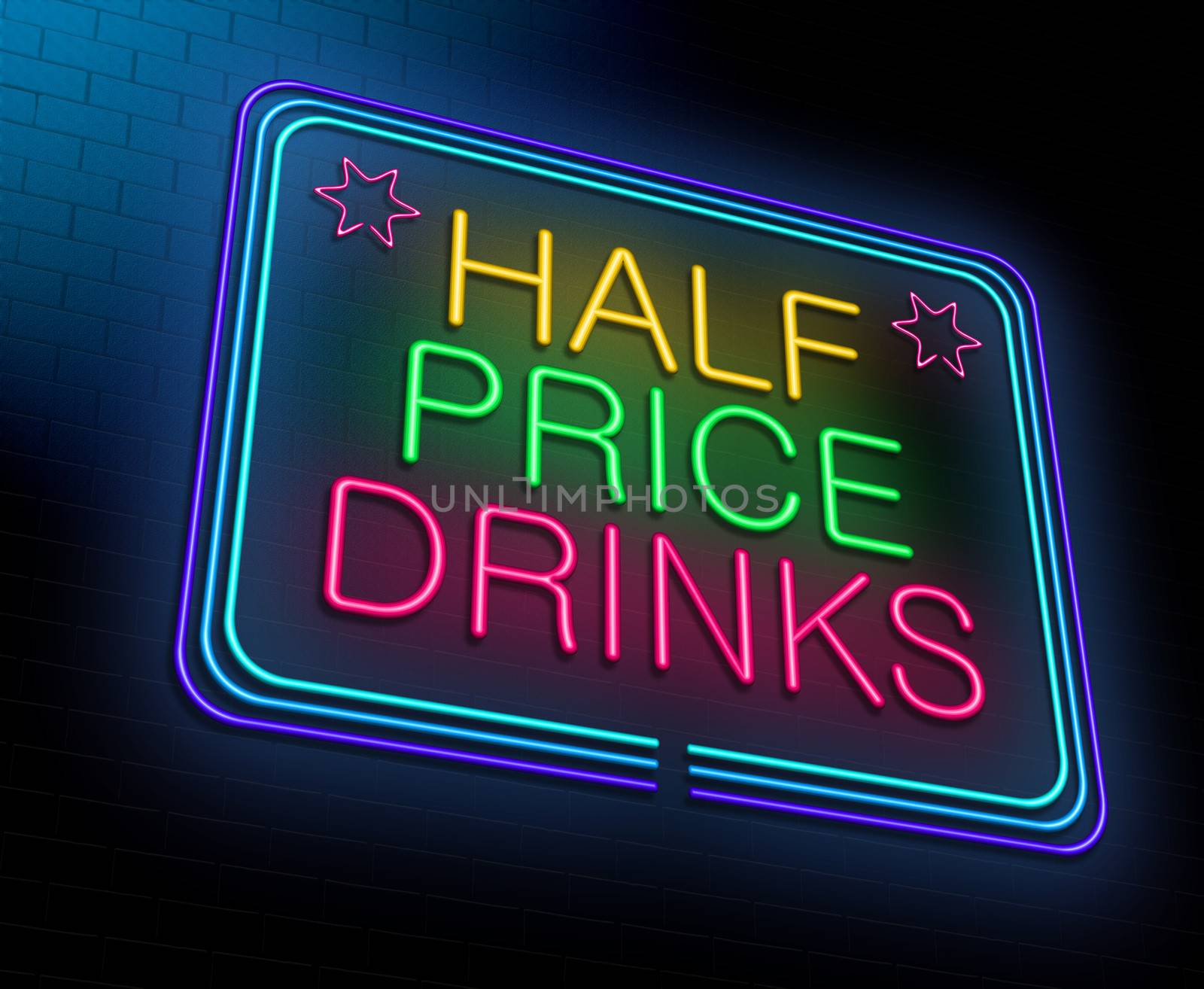 Illustration depicting an illuminated neon sign with a cheap alcohol concept.