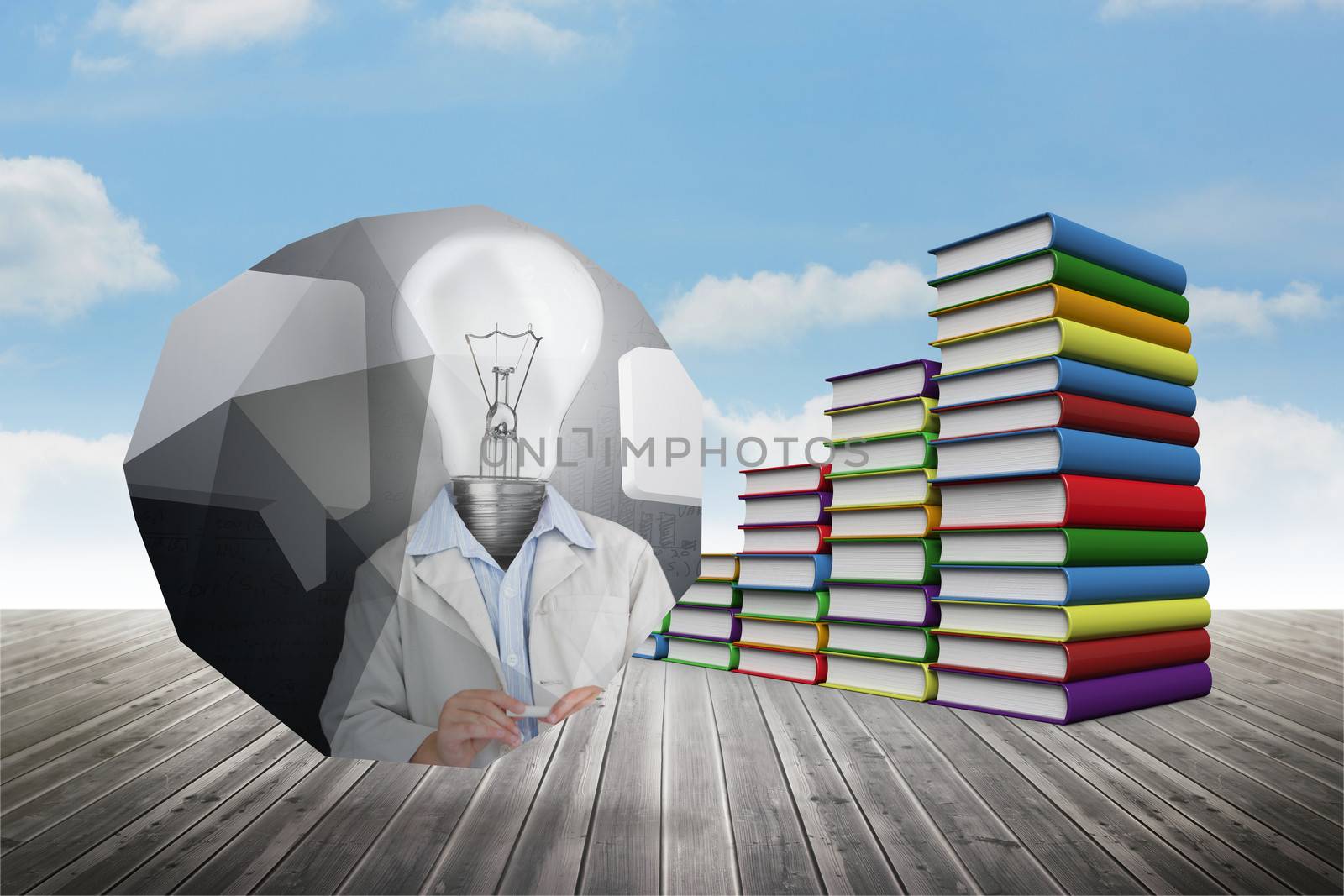 Light bulb man on abstract screen against book steps against sky