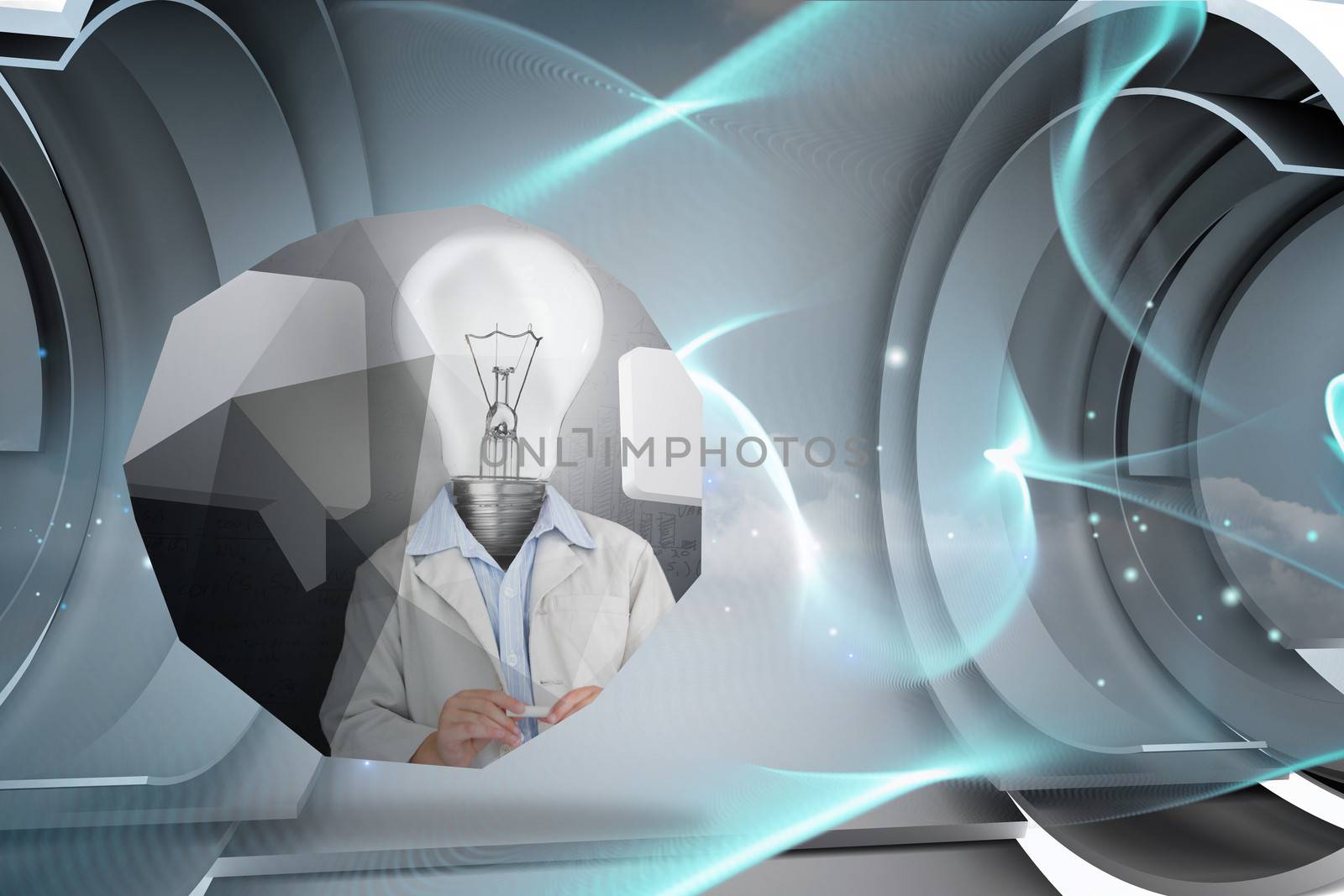 Light bulb man on abstract screen against blue abstract design in structure 