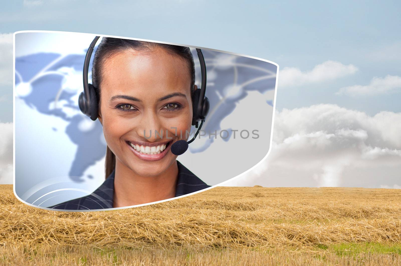 Call centre agent on abstract screen against bright brown landscape