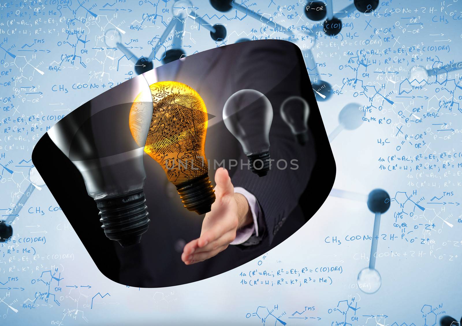 Light bulb graphic on abstract screen against notes of biotechnology and genes