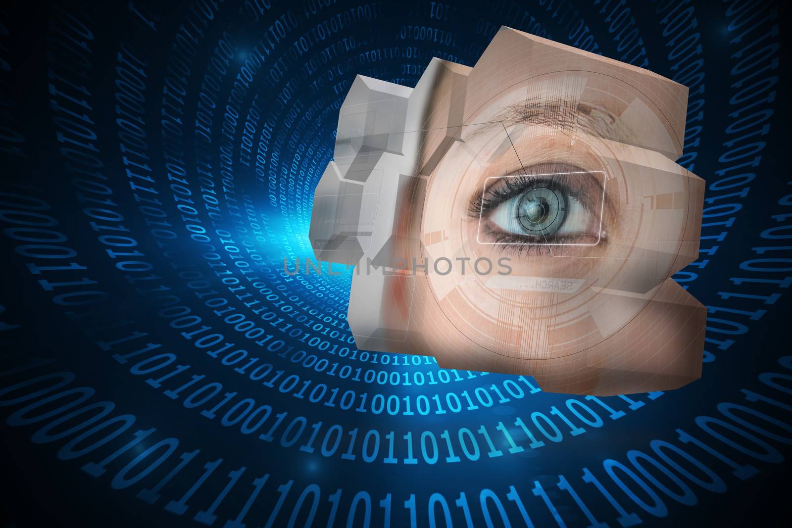 Eye interface on abstract screen against spiral of shiny binary code