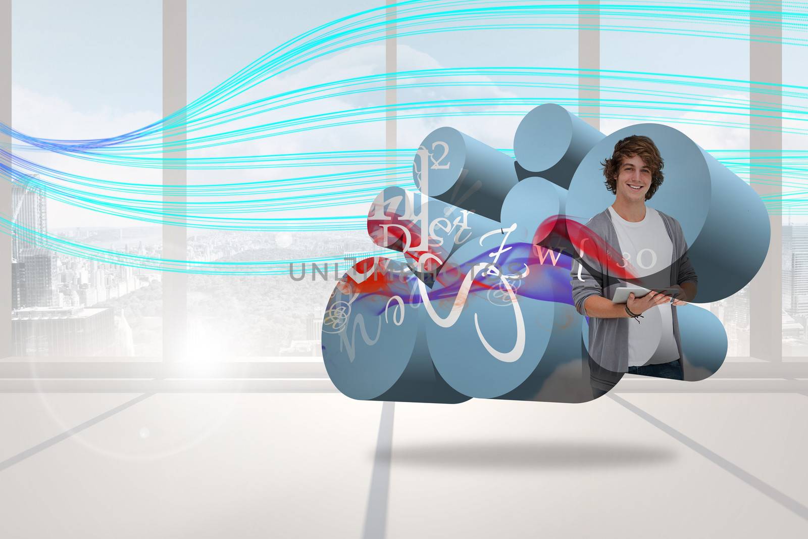 Composite image of student with tablet on abstract screen by Wavebreakmedia